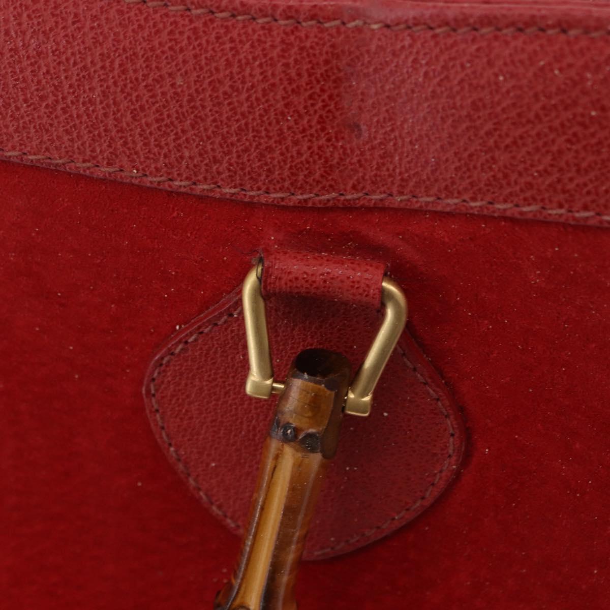 GUCCI Bamboo Hand Bag Suede Red Gold Tone 002 853 0259 Auth ka6291