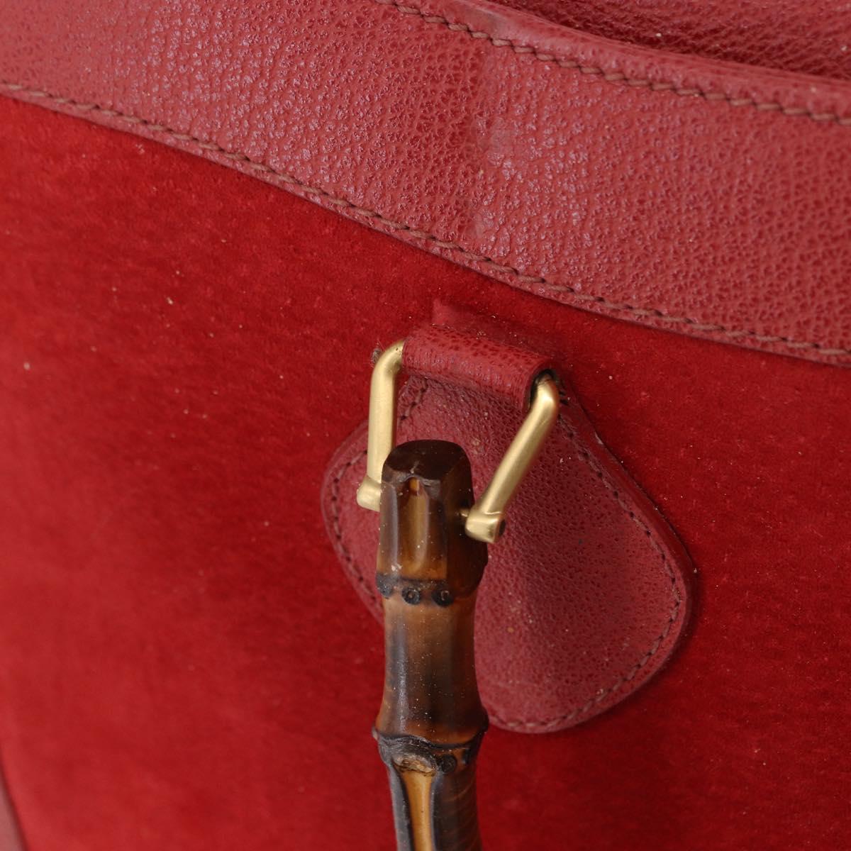 GUCCI Bamboo Hand Bag Suede Red Gold Tone 002 853 0259 Auth ka6291