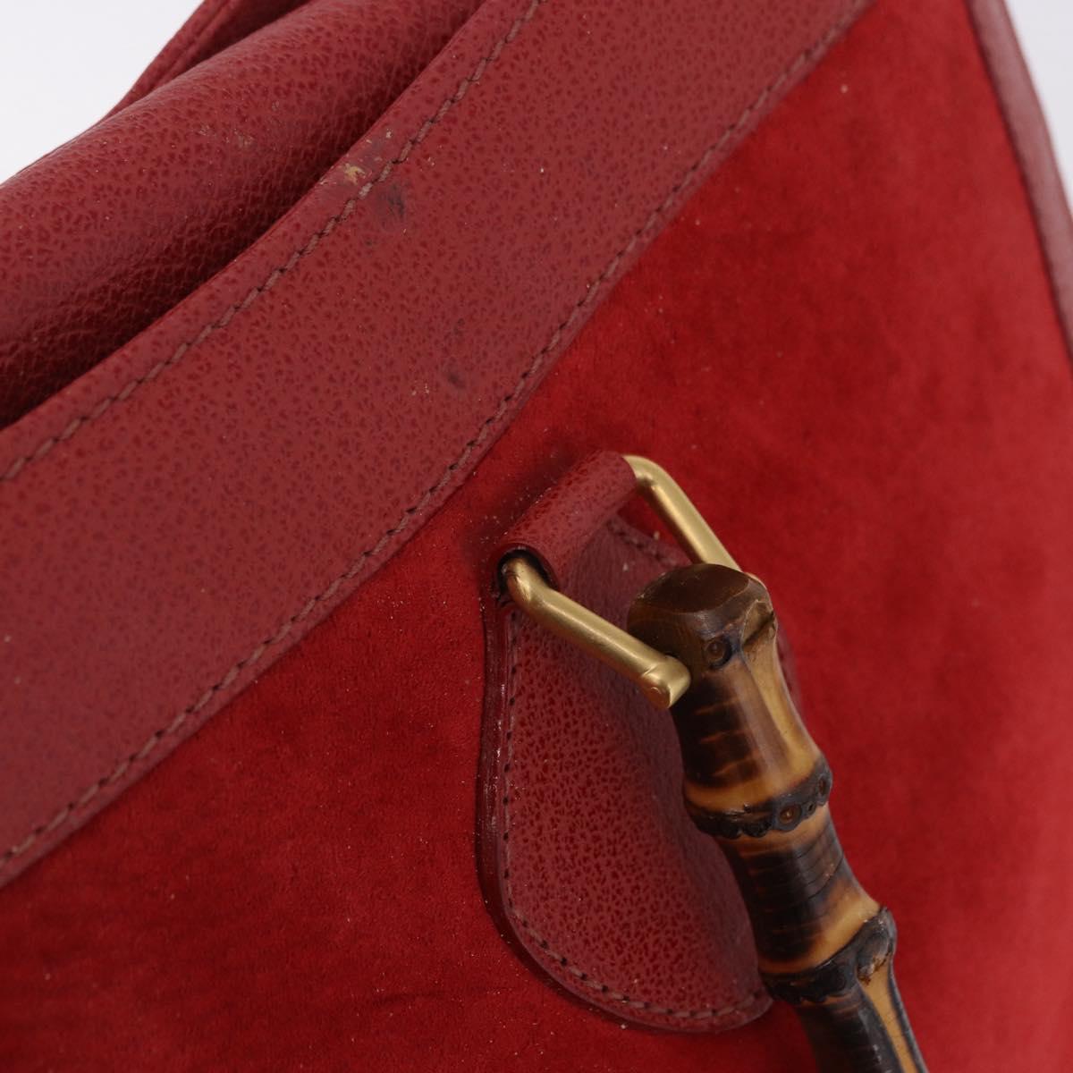 GUCCI Bamboo Hand Bag Suede Red Gold Tone 002 853 0259 Auth ka6291