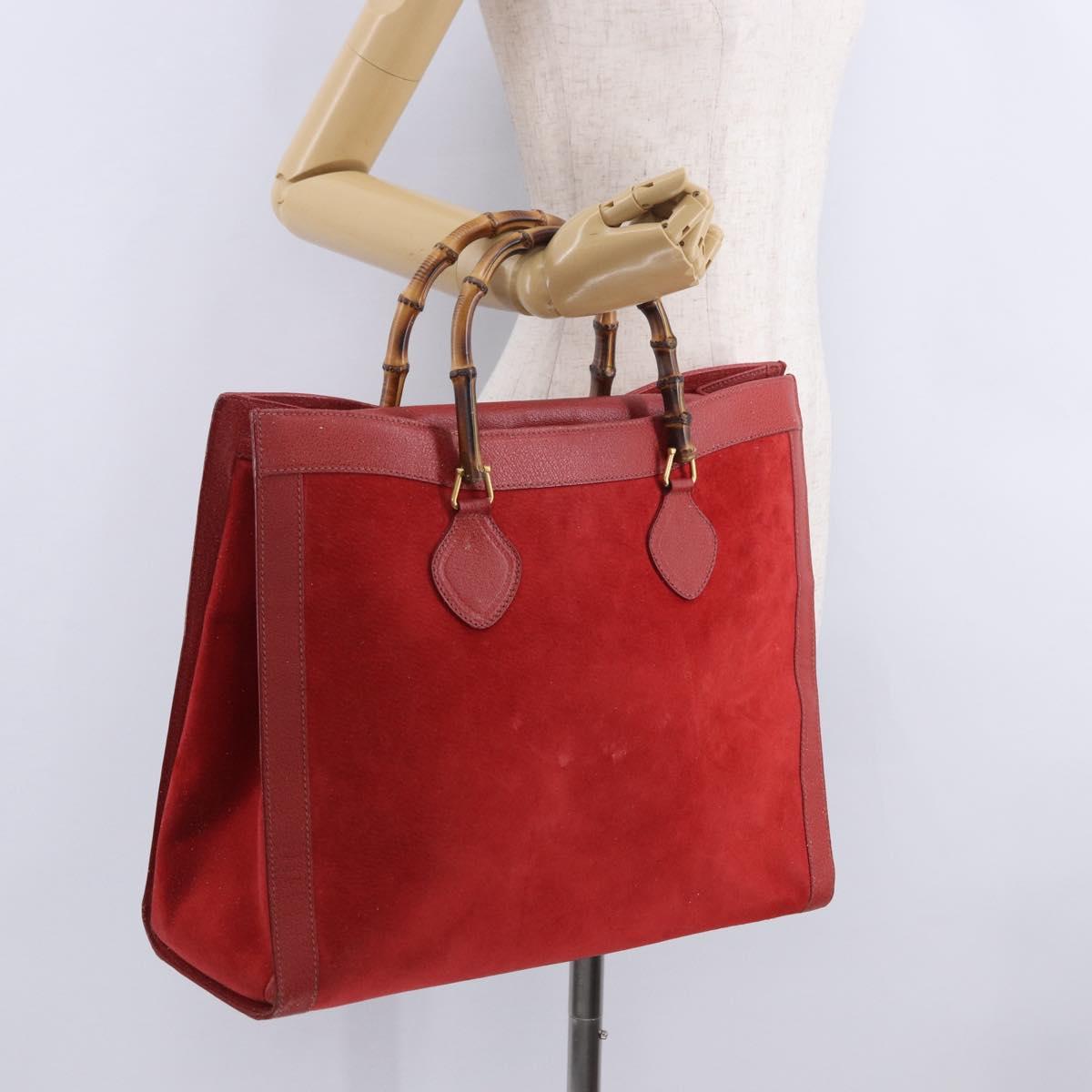 GUCCI Bamboo Hand Bag Suede Red Gold Tone 002 853 0259 Auth ka6291
