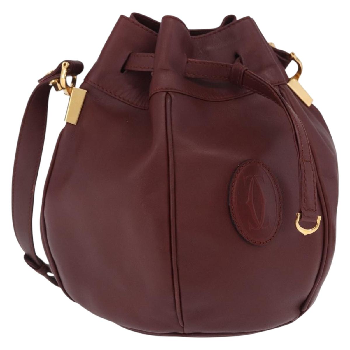 CARTIER Must Line Shoulder Bag Leather Bordeaux Gold Tone Auth ka6294A