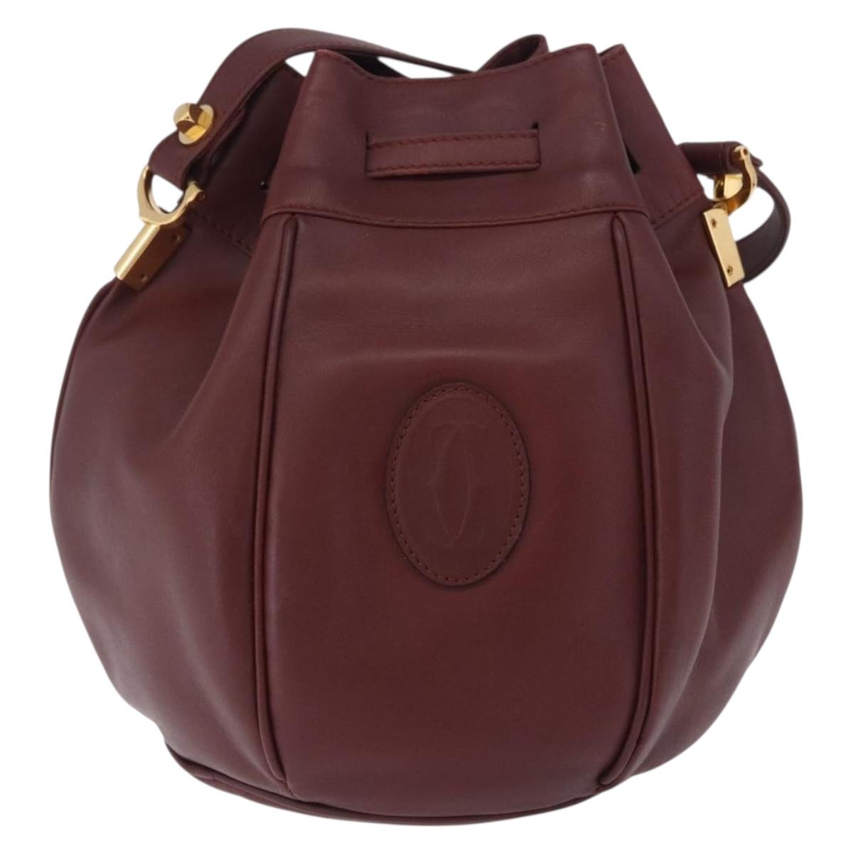 CARTIER Must Line Shoulder Bag Leather Bordeaux Gold Tone Auth ka6294A