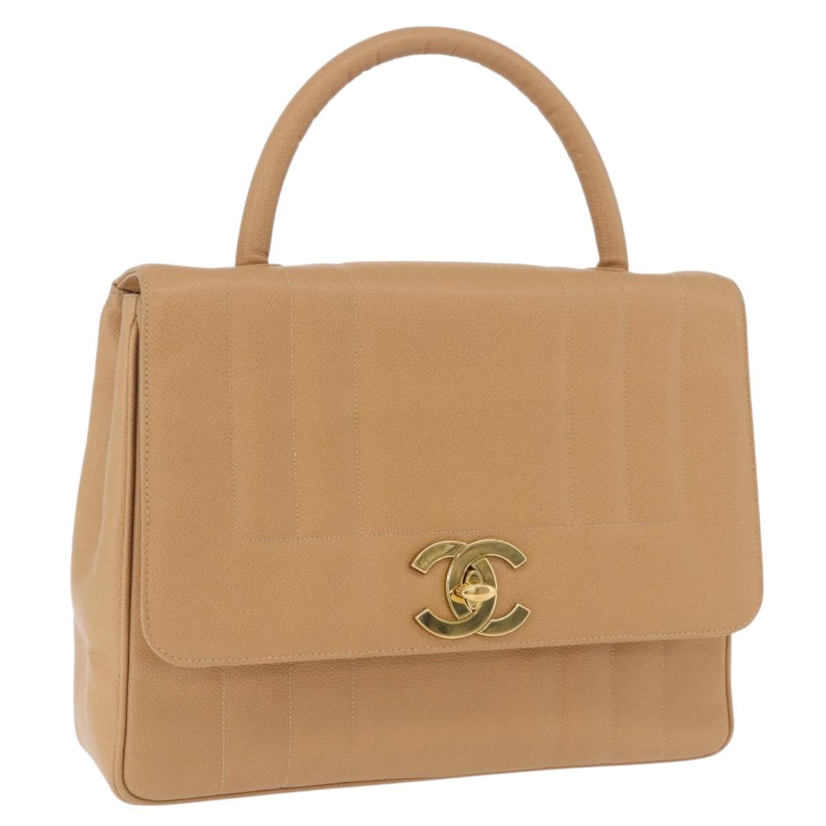 CHANEL Mademoiselle Hand Bag Caviar Skin Beige Gold Tone CC Auth ka6295V