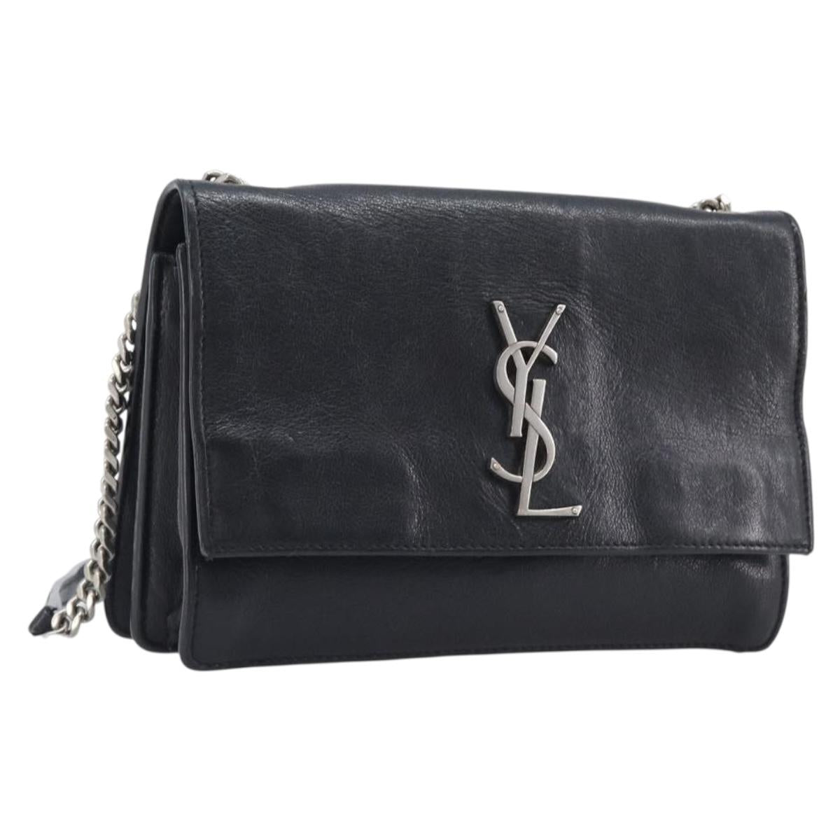 SAINT LAURENT Chain Shoulder Bag Leather Black Silver Auth ka6306A