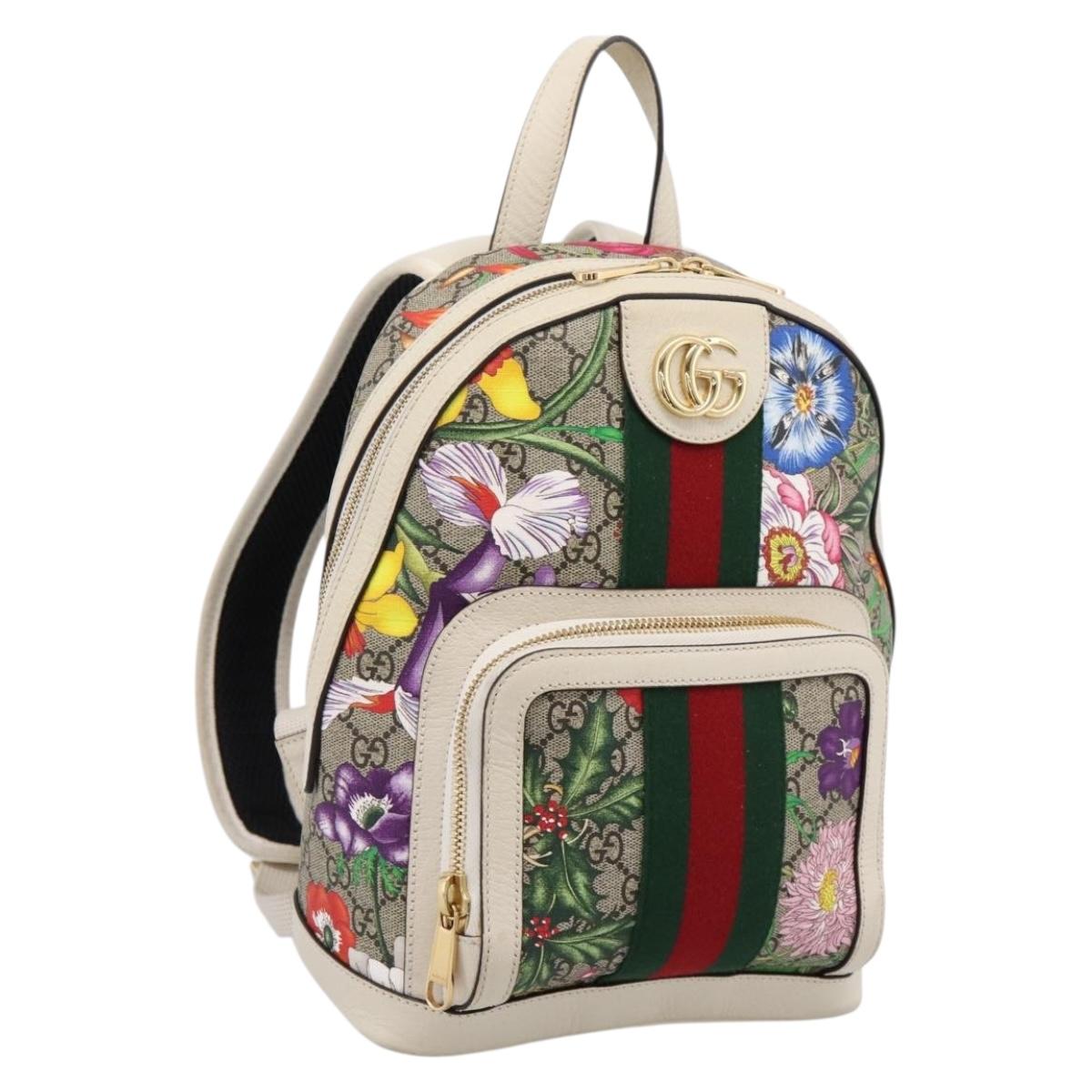 GUCCI Ophdia GG Web Sherry Line Flora Backpack PVC Beige 547965 Auth ka6322V