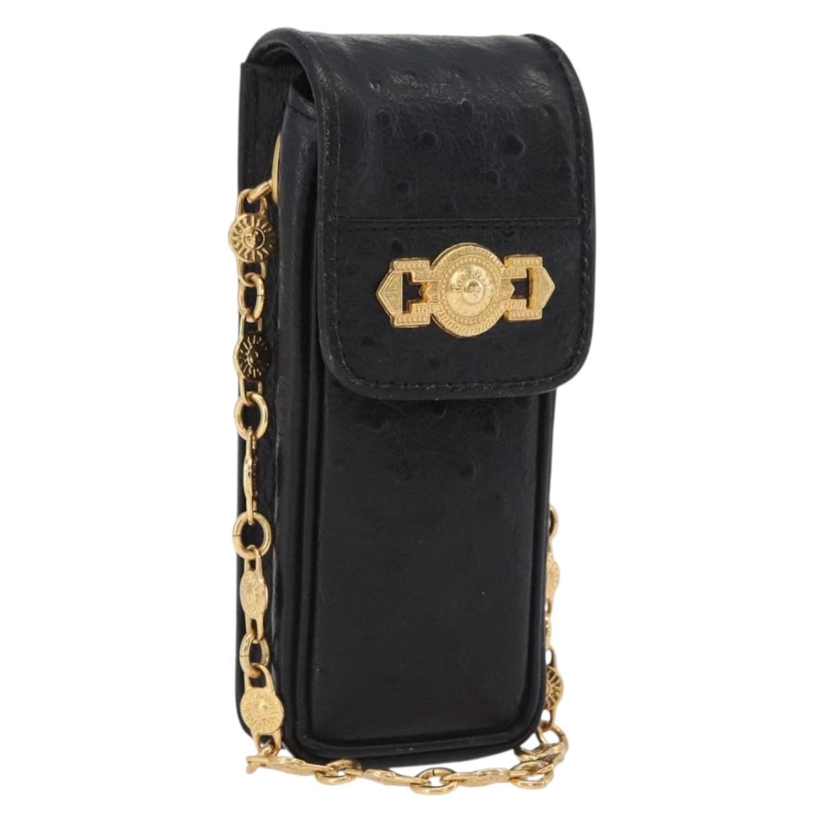 Gianni Versace Cigarette Case Leather Black Gold Auth ka6329
