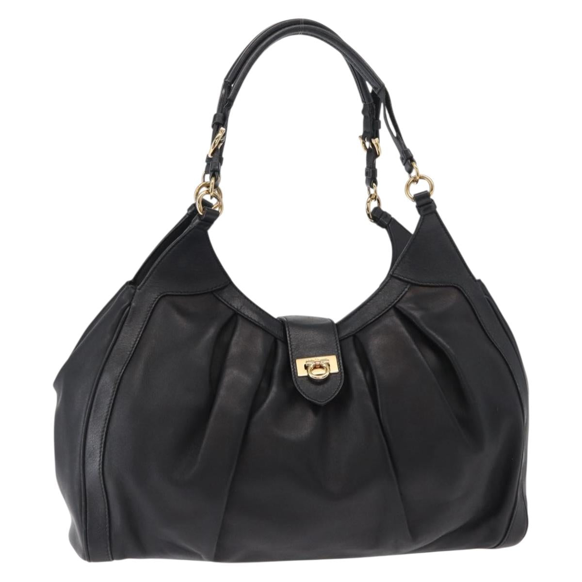 Salvatore Ferragamo Gancini Shoulder Bag Leather Black Gold Auth ka633