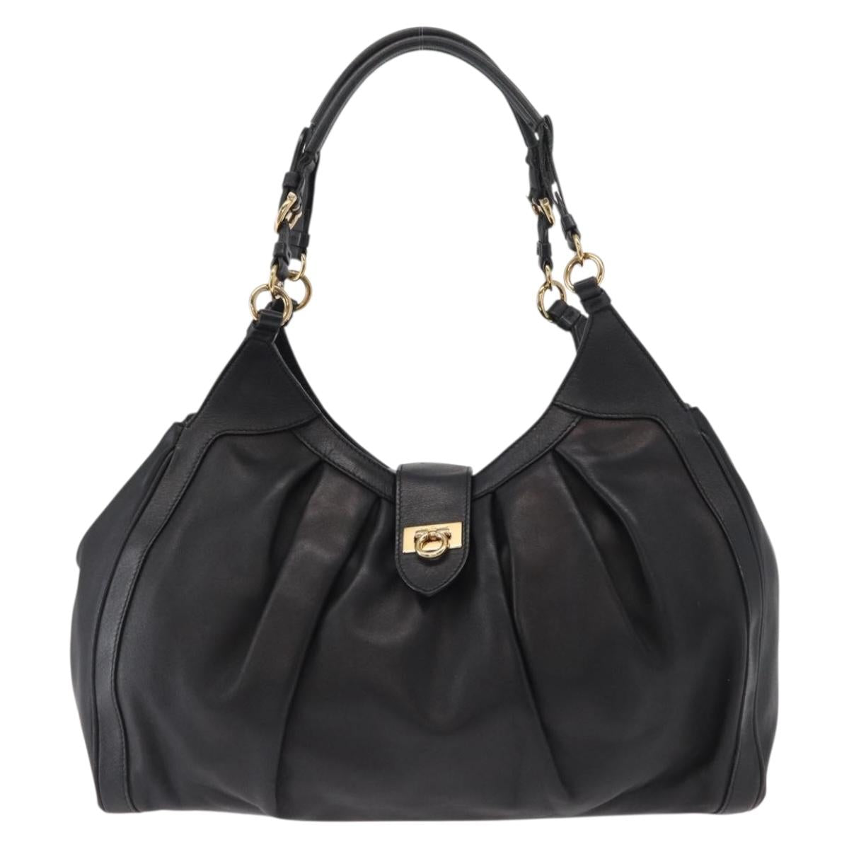 Salvatore Ferragamo Gancini Shoulder Bag Leather Black Gold Auth ka633