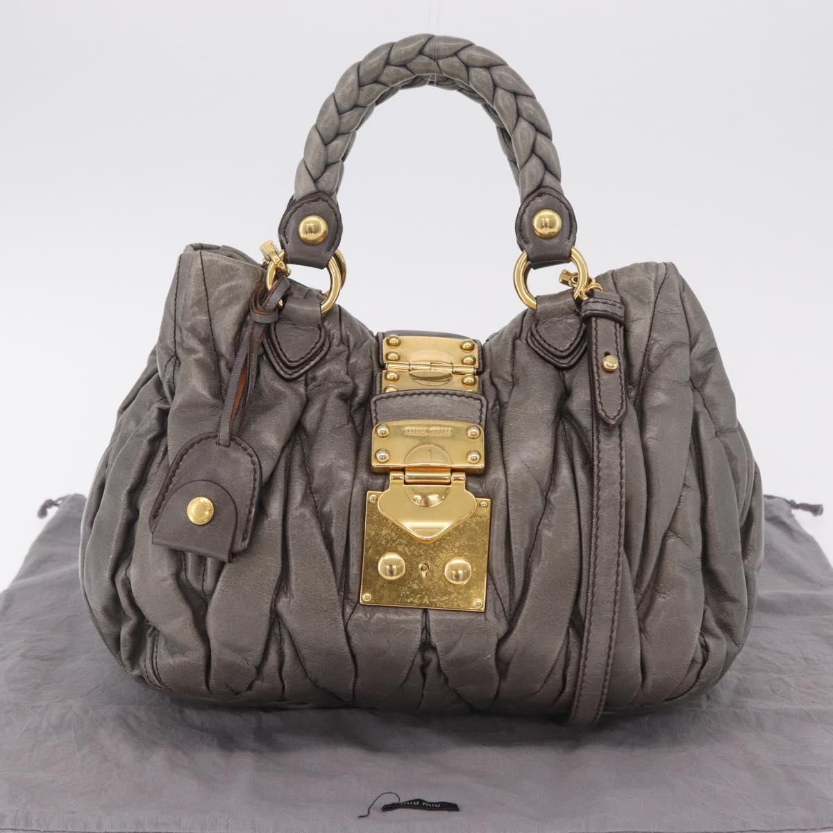 Miu Miu Matelasse Hand Bag Leather 2way Gray Gold Auth ka6343A