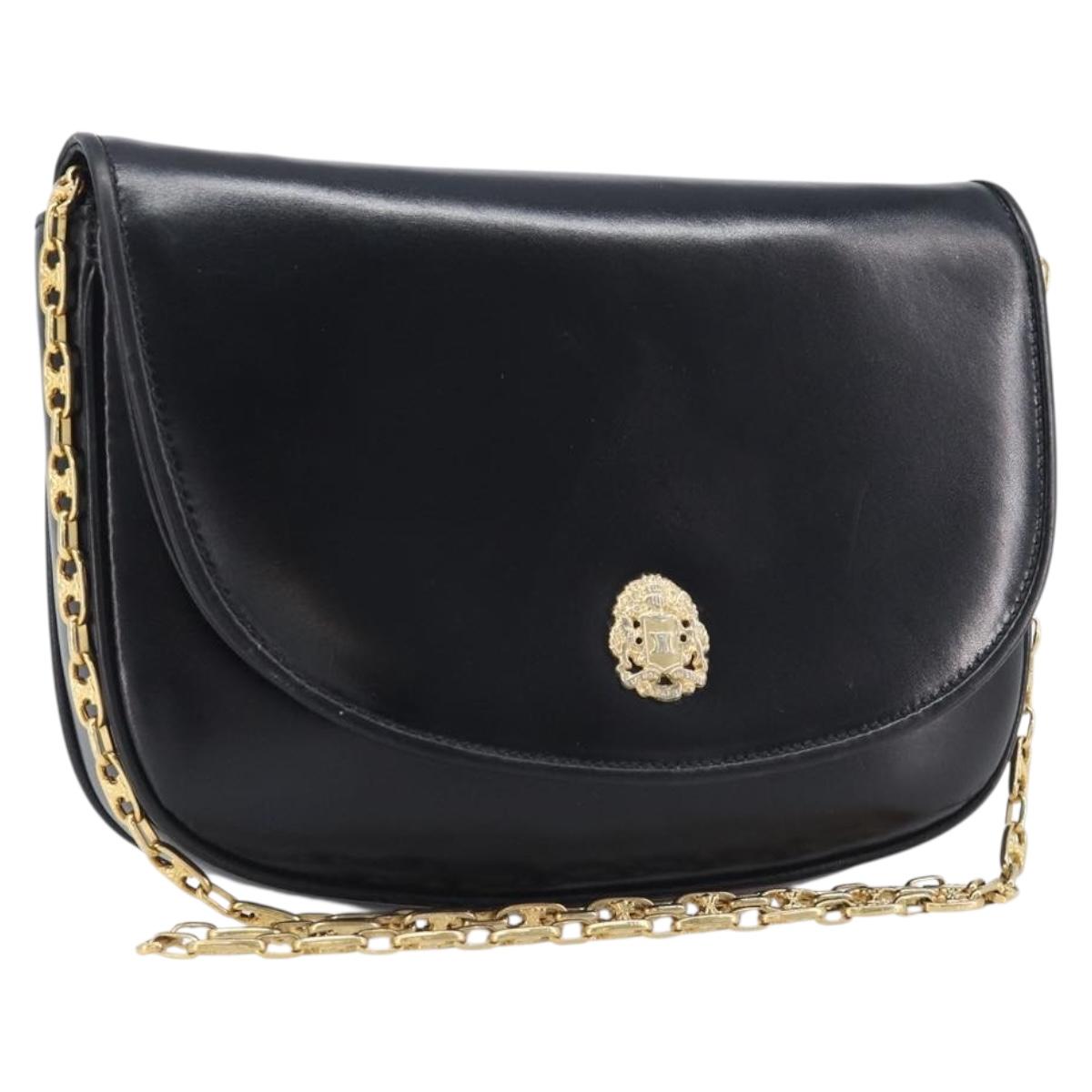 CELINE Chain Shoulder Bag Leather Black Gold Auth ka6346