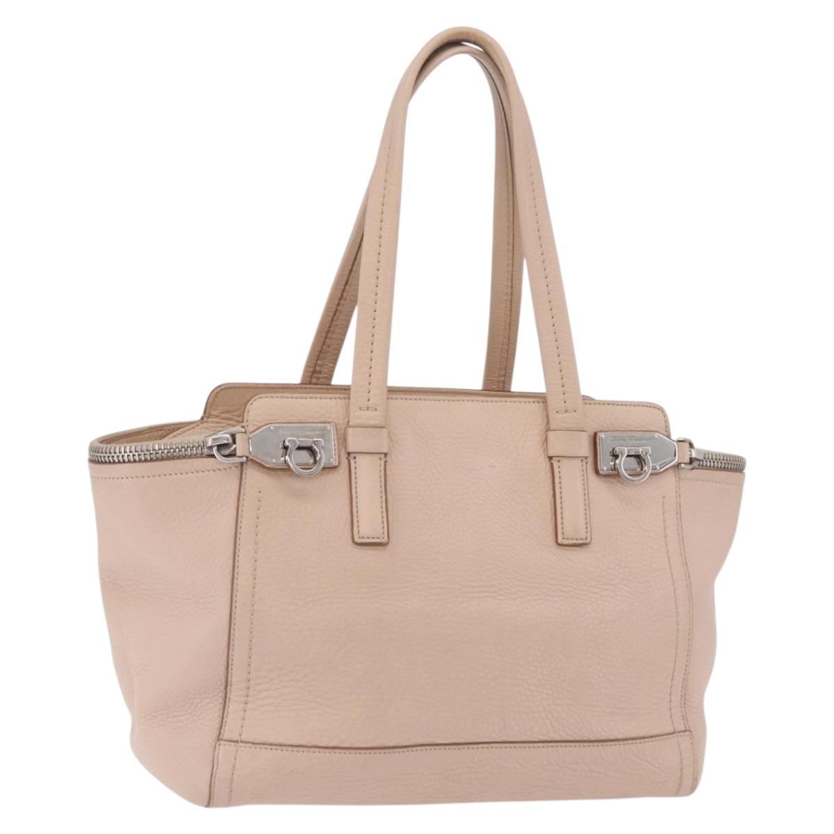 Salvatore Ferragamo Gancini Tote Bag Leather Beige Silver Auth ka6363
