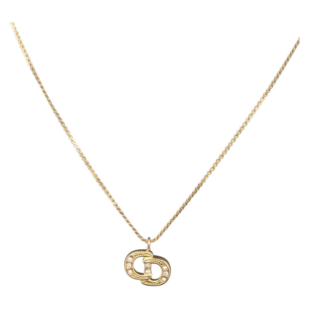 Christian Dior Rhinestone Necklace Metal Gold Tone Auth ka6383