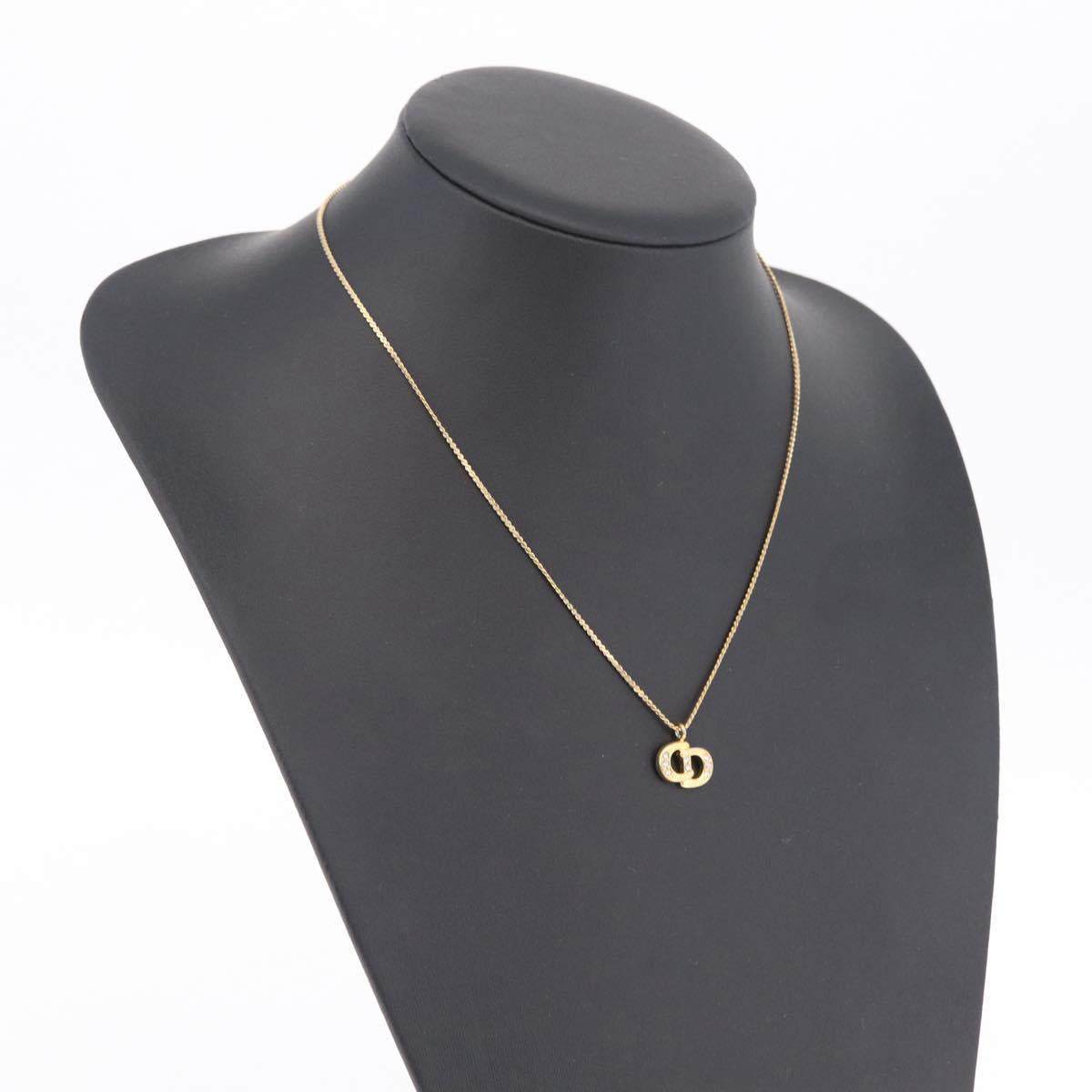 Christian Dior Rhinestone Necklace Metal Gold Tone Auth ka6383