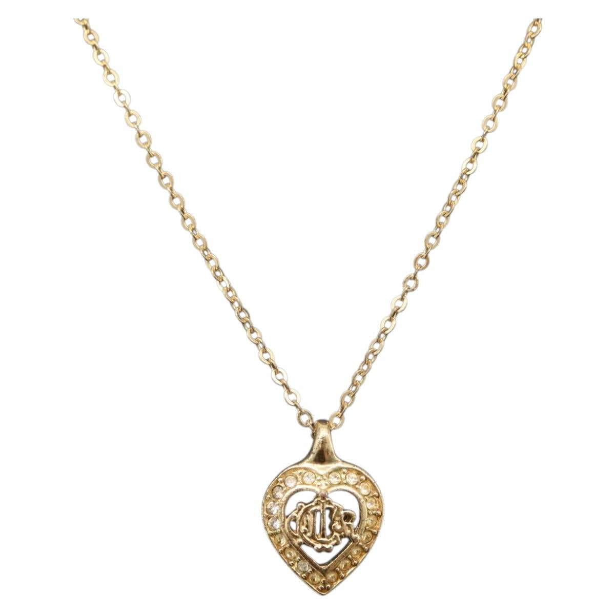 Christian Dior Rhinestone Necklace Metal Gold Tone Auth ka6386