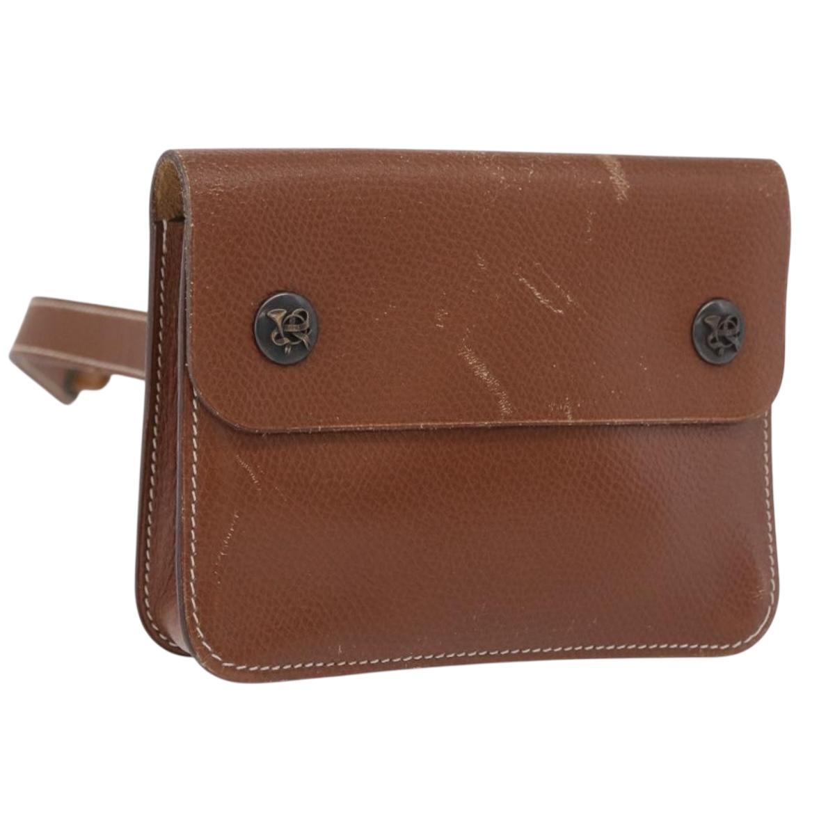 HERMES Pochette Green Leather Brown Auth ka6393