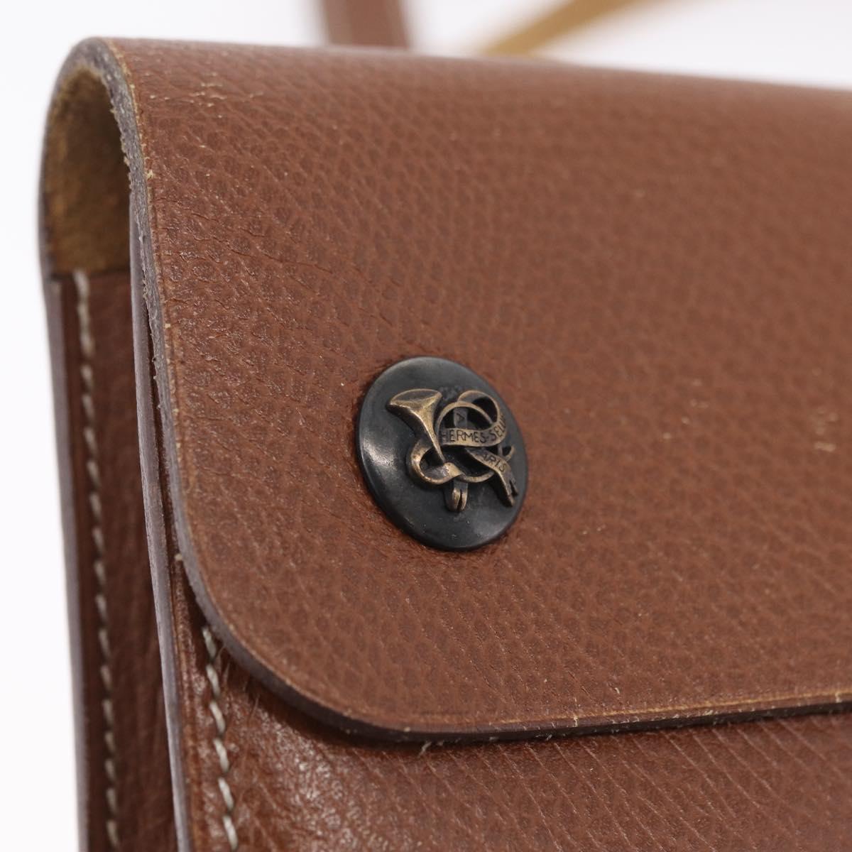 HERMES Pochette Green Leather Brown Auth ka6393