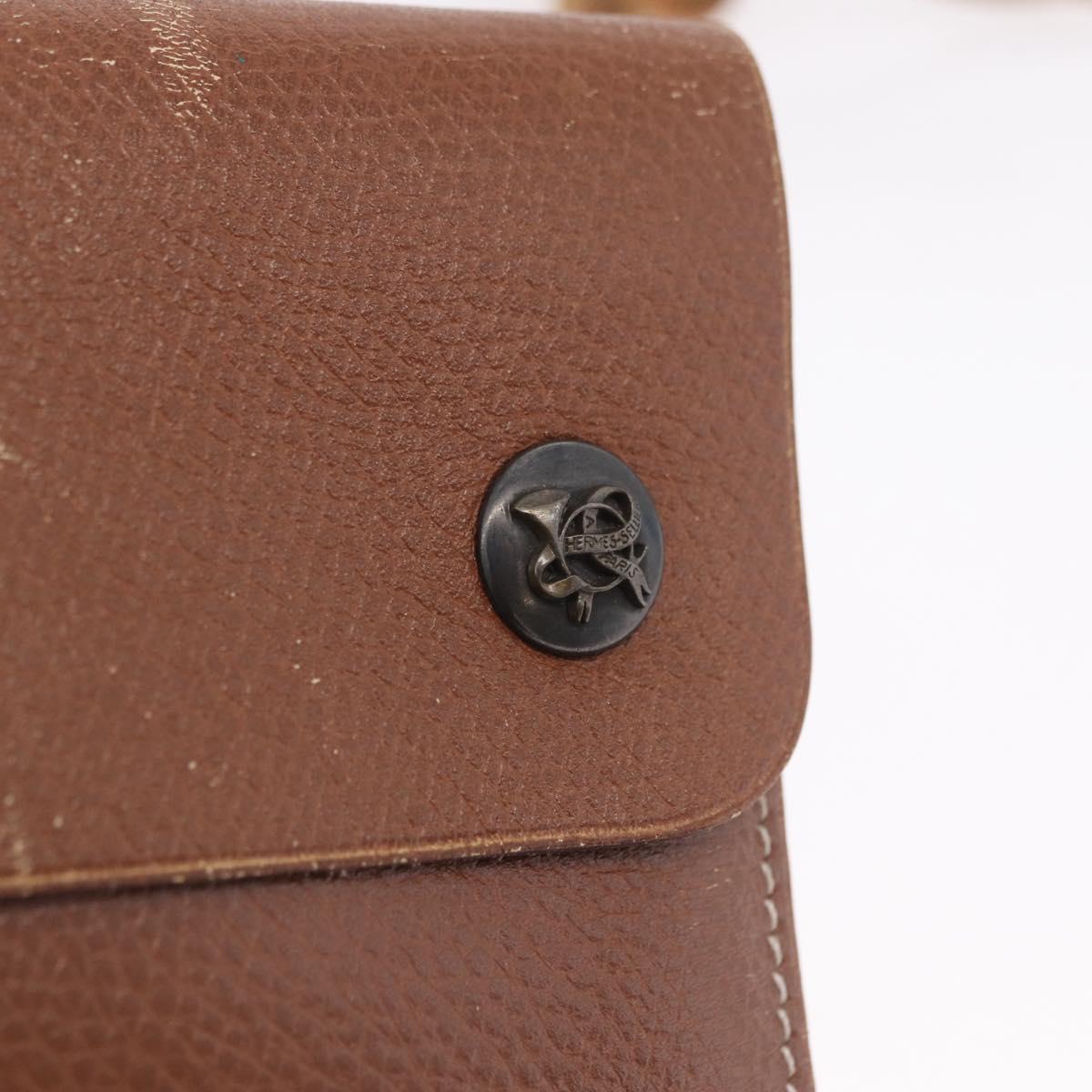HERMES Pochette Green Leather Brown Auth ka6393