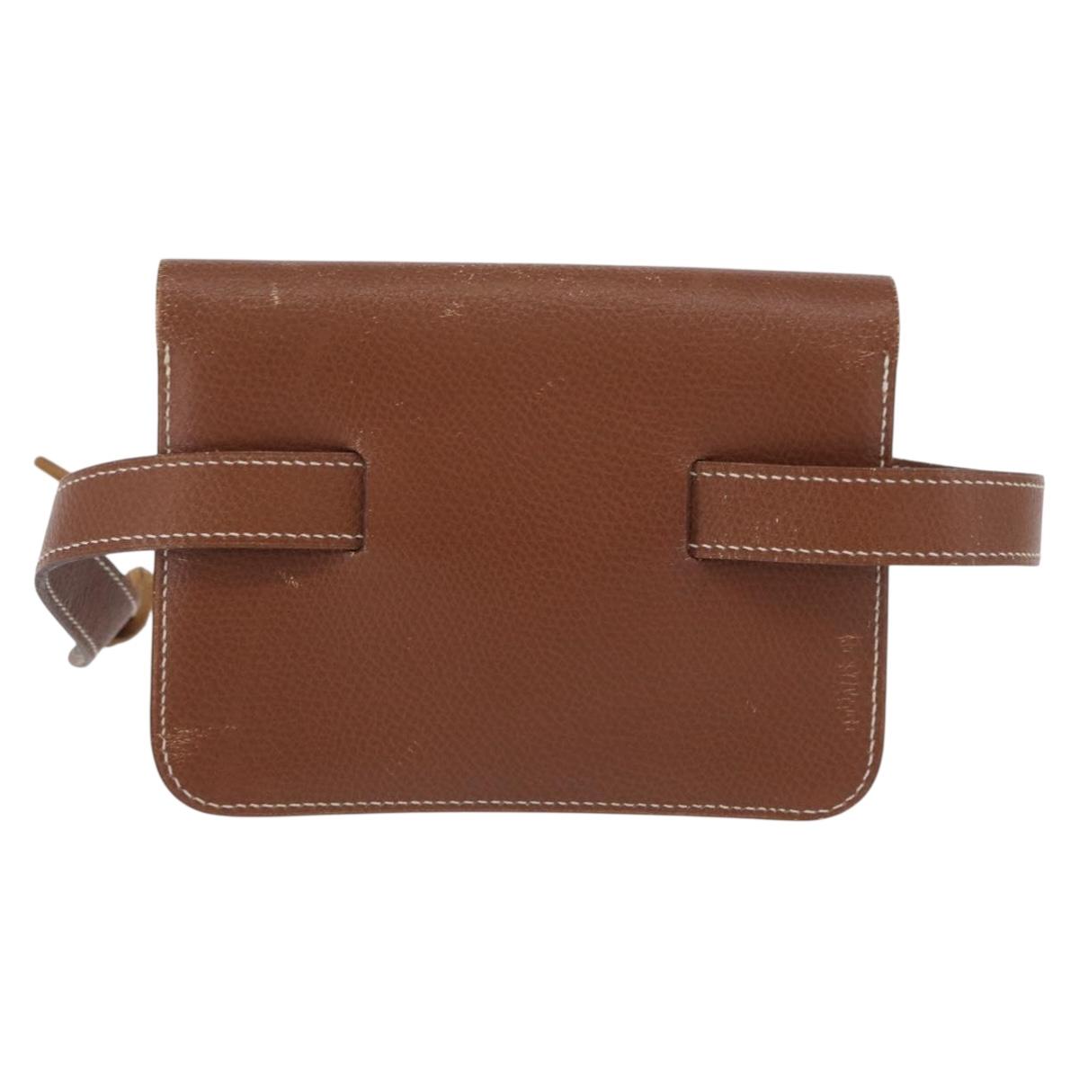 HERMES Pochette Green Leather Brown Auth ka6393