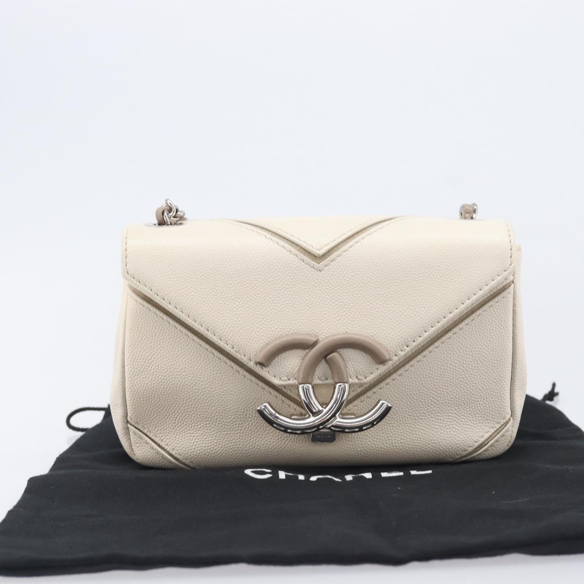 CHANEL Macro Chevron Small Flap Bag Caviar Skin White Silver CC Auth ka6412V
