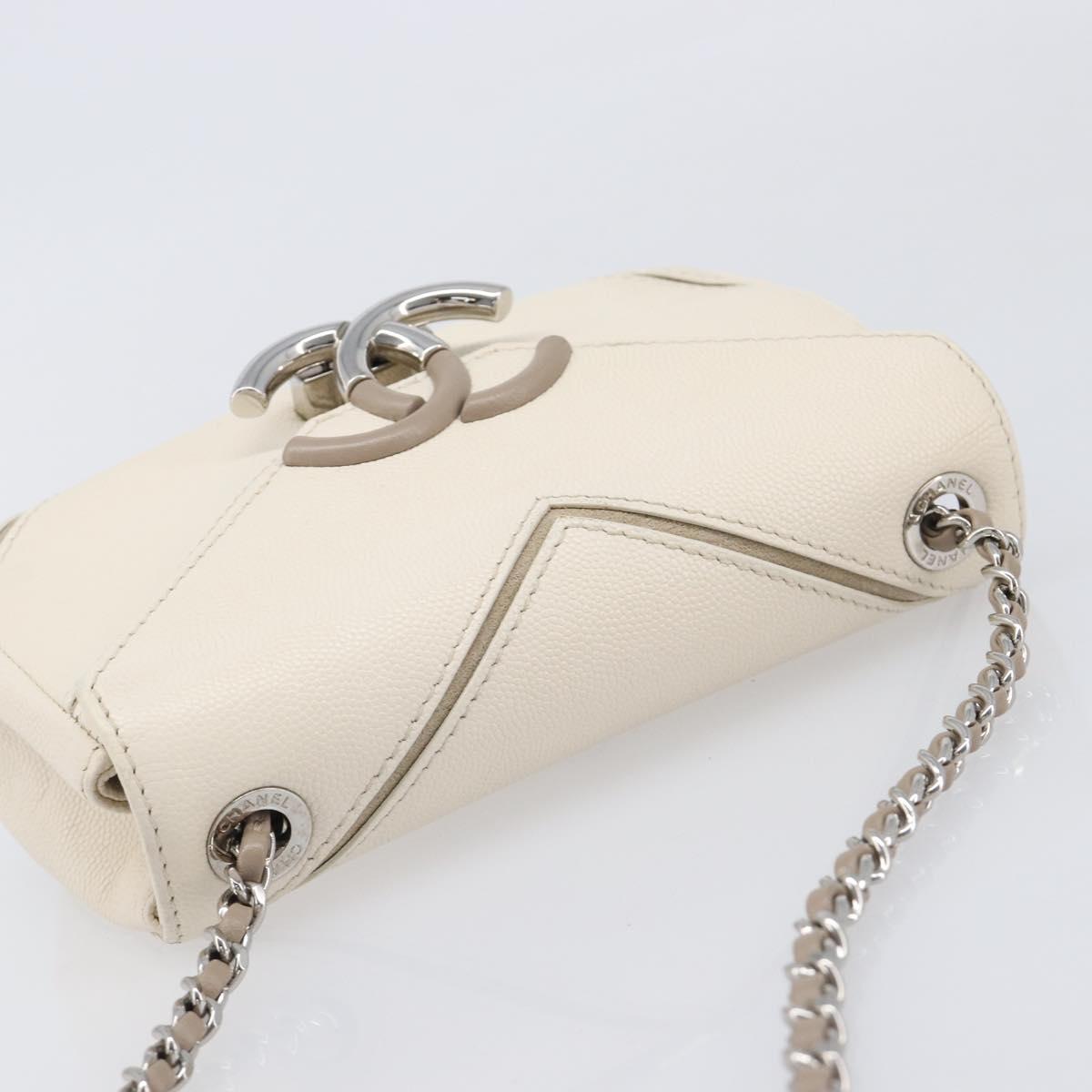 CHANEL Macro Chevron Small Flap Bag Caviar Skin White Silver CC Auth ka6412V