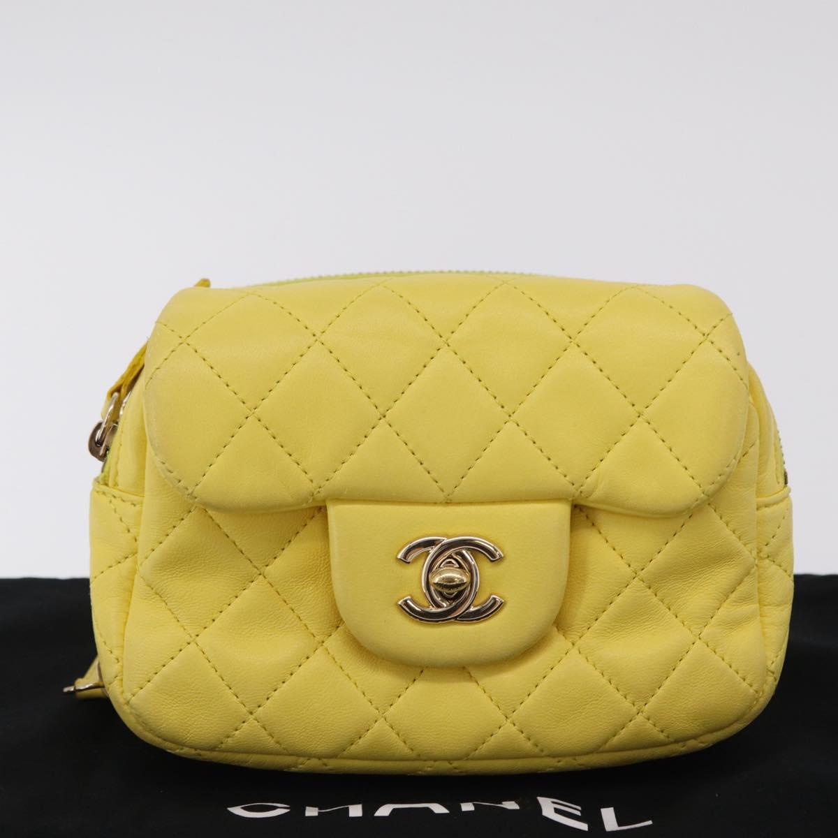 CHANEL Matelasse Chain Shoulder Bag Lamb Skin Yellow Gold CC Auth ka6413M