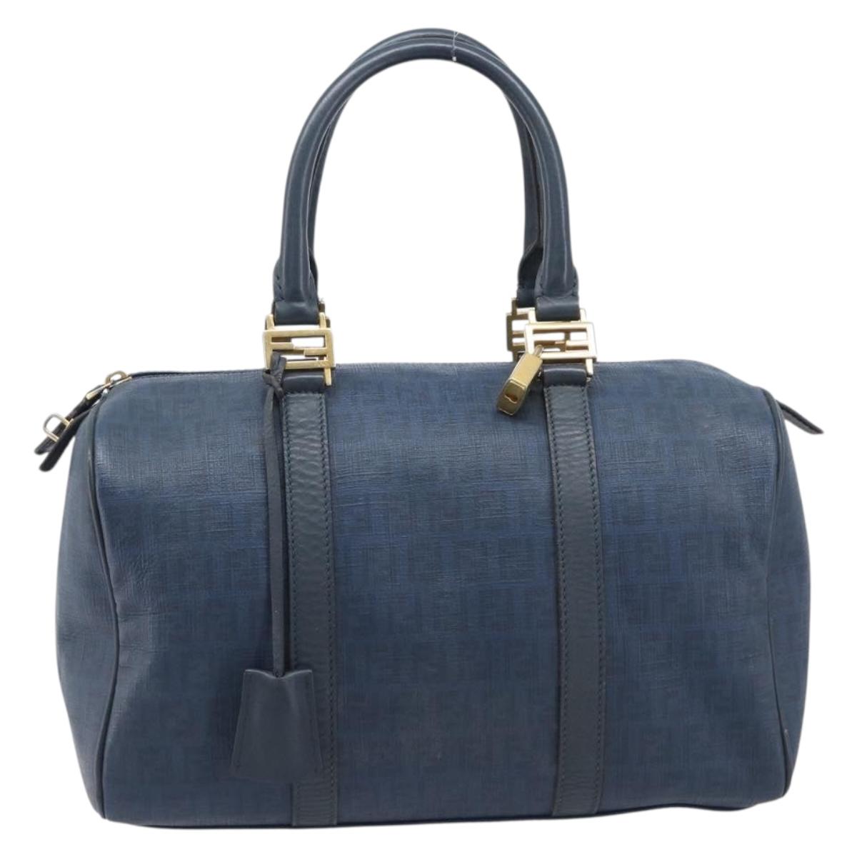 FENDI Zucchino Canvas Hand Bag PVC Navy Gold Auth ka6414