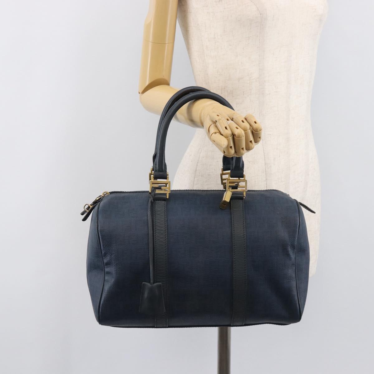 FENDI Zucchino Canvas Hand Bag PVC Navy Gold Auth ka6414