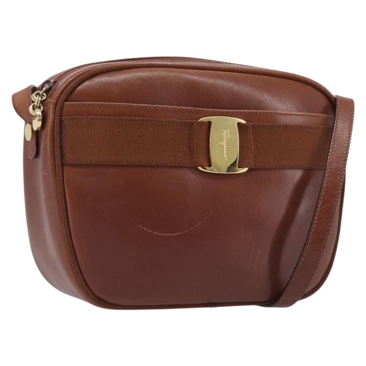 Salvatore Ferragamo Vala Shoulder Bag Leather Gold Brown Auth ka6418