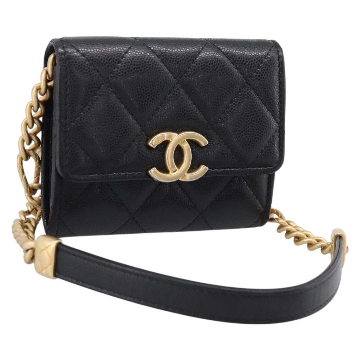 CHANEL Matelasse Chain Shoulder Card Case Caviar Skin Black Gold CC Auth ka6420V