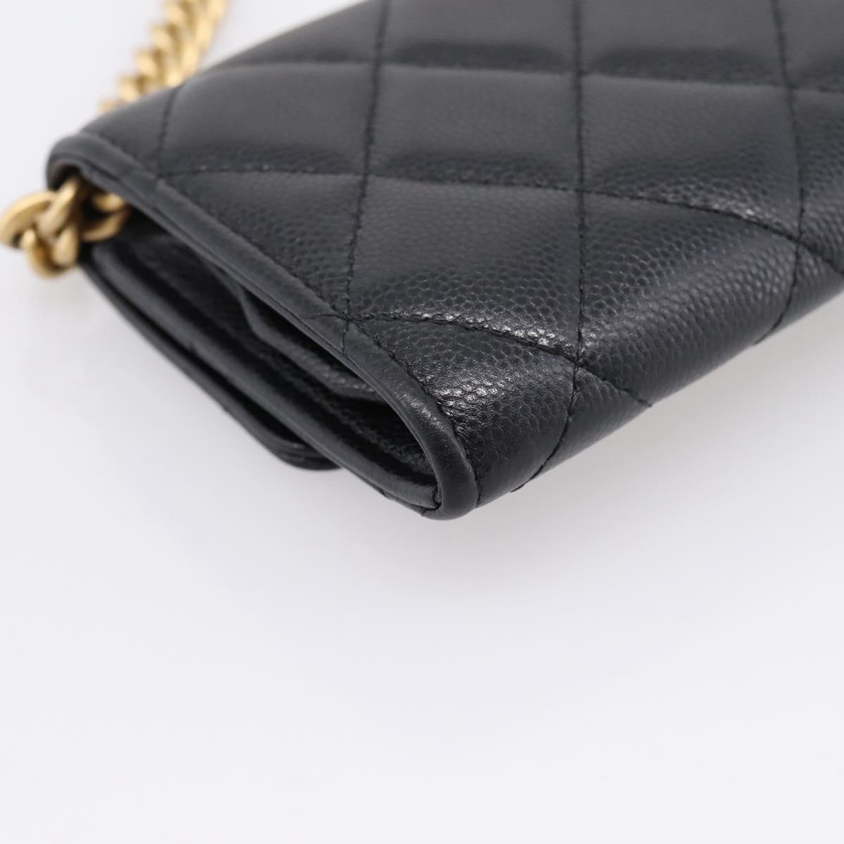 CHANEL Matelasse Chain Shoulder Card Case Caviar Skin Black Gold CC Auth ka6420V