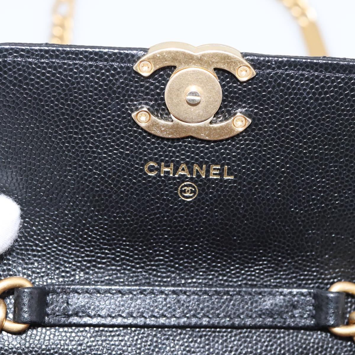 CHANEL Matelasse Chain Shoulder Card Case Caviar Skin Black Gold CC Auth ka6420V