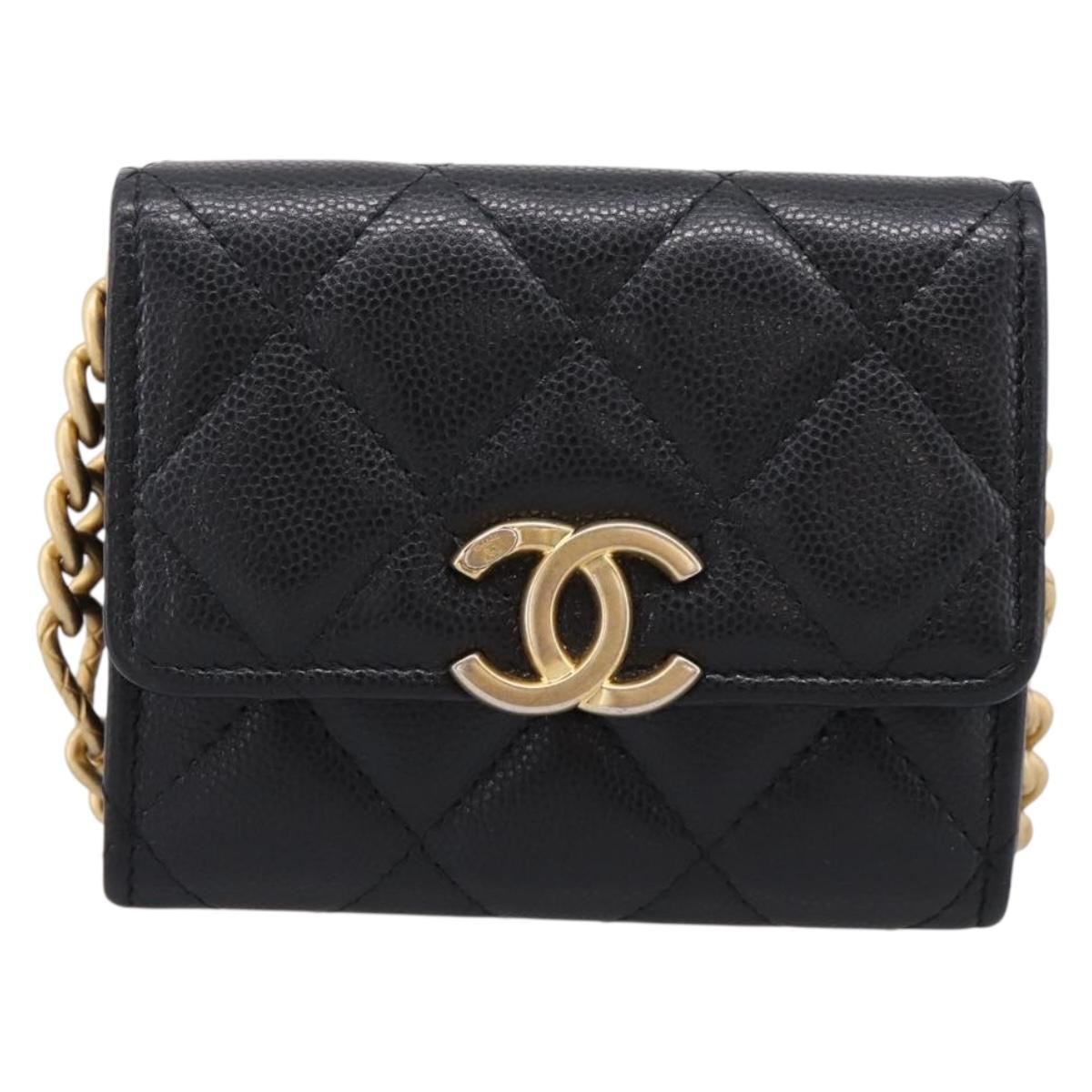 CHANEL Matelasse Chain Shoulder Card Case Caviar Skin Black Gold CC Auth ka6420V