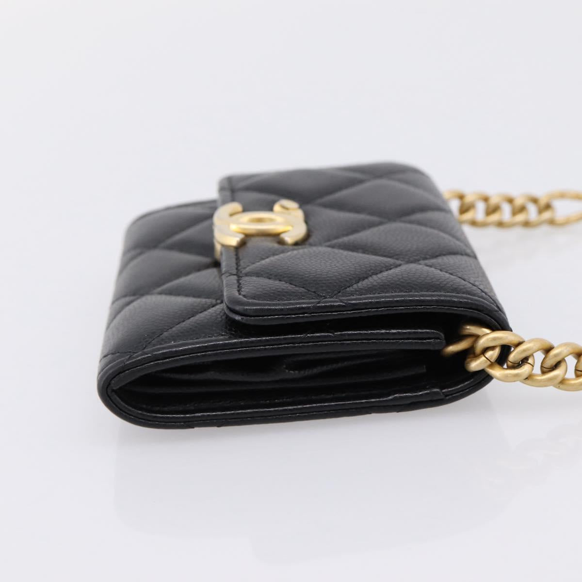 CHANEL Matelasse Chain Shoulder Card Case Caviar Skin Black Gold CC Auth ka6420V