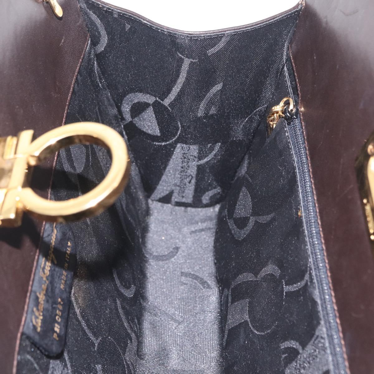 Salvatore Ferragamo Gancini Chain Shoulder Bag Leather Brown Gold Auth ka6429A