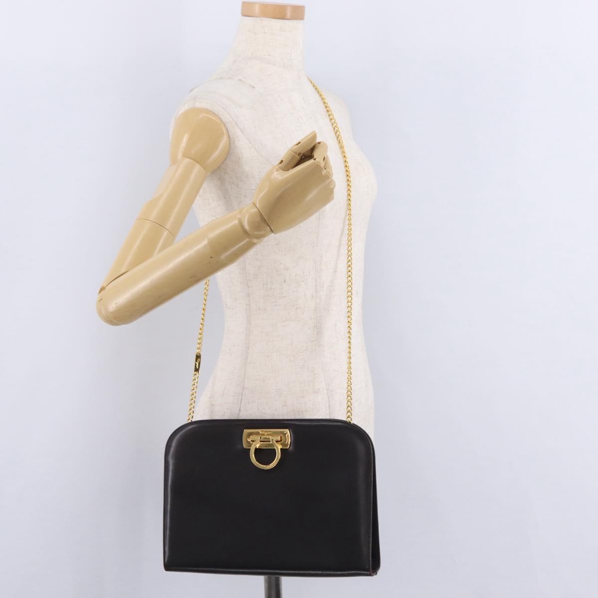Salvatore Ferragamo Gancini Chain Shoulder Bag Leather Brown Gold Auth ka6429A