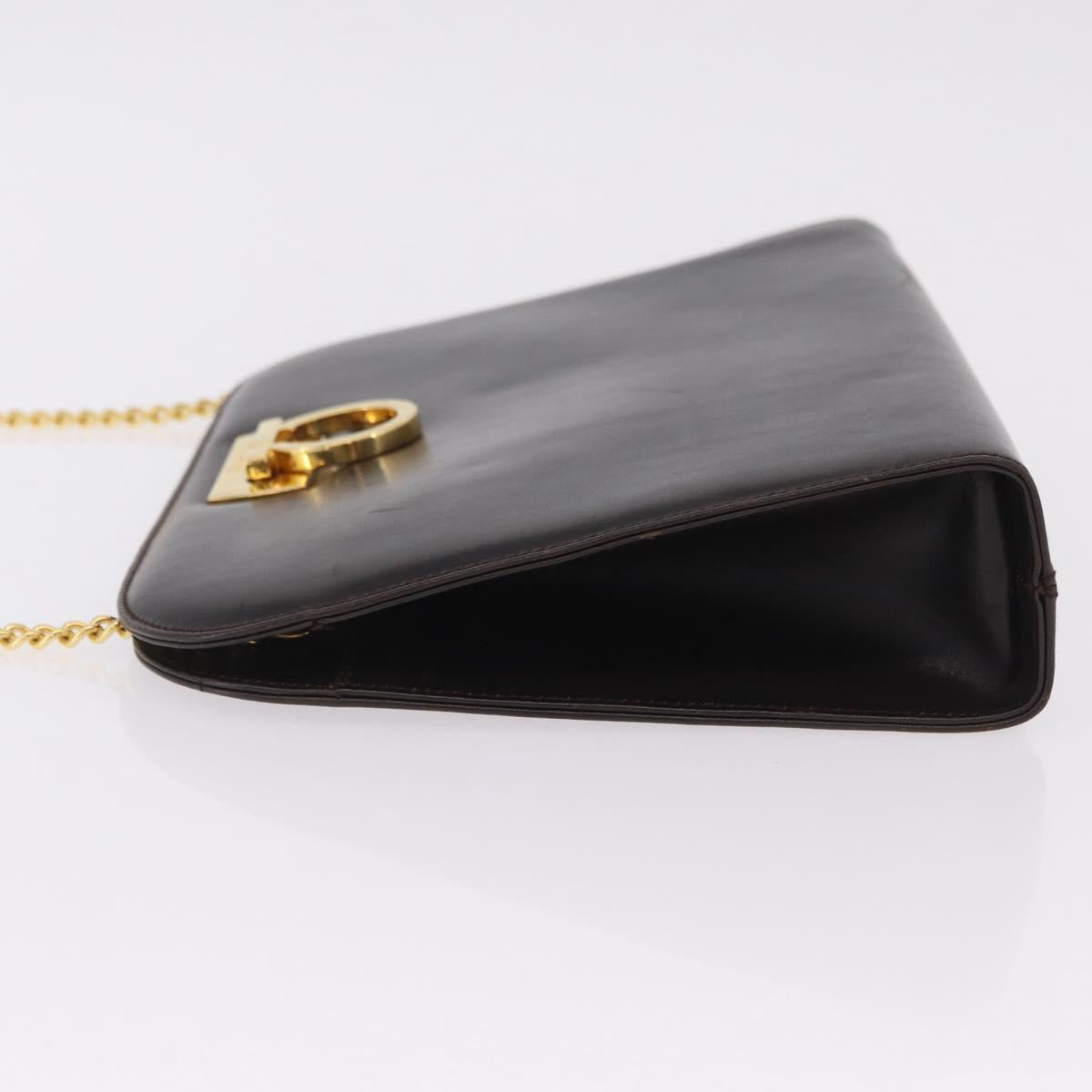 Salvatore Ferragamo Gancini Chain Shoulder Bag Leather Brown Gold Auth ka6429A