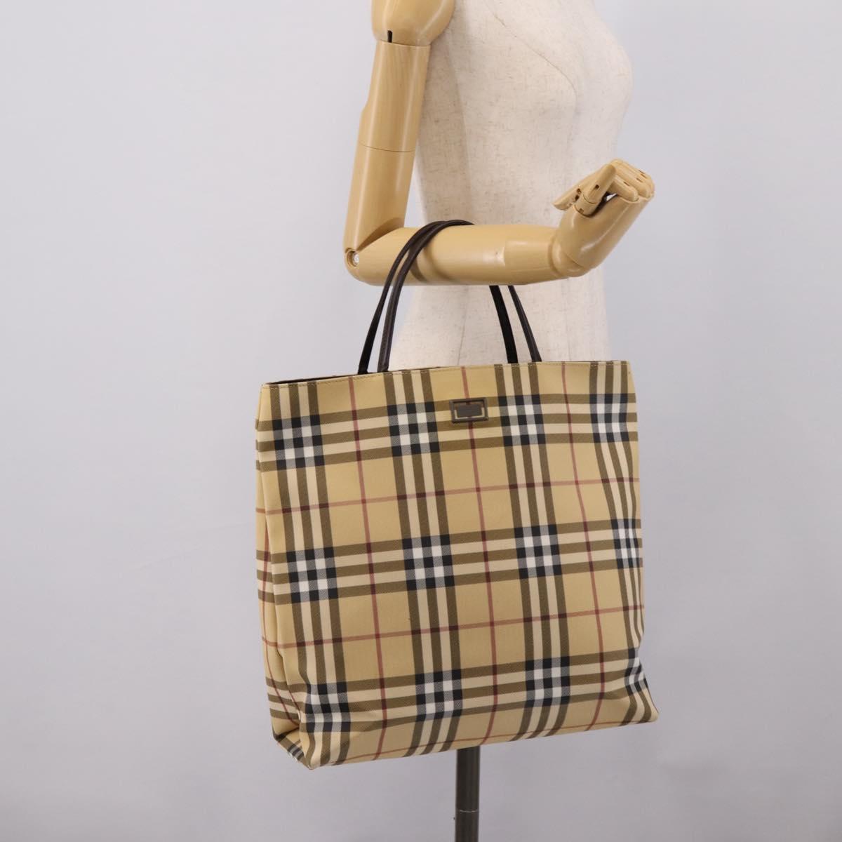 BURBERRY Nova Check Hand Bag PVC Leather Beige Silver Auth ka6453