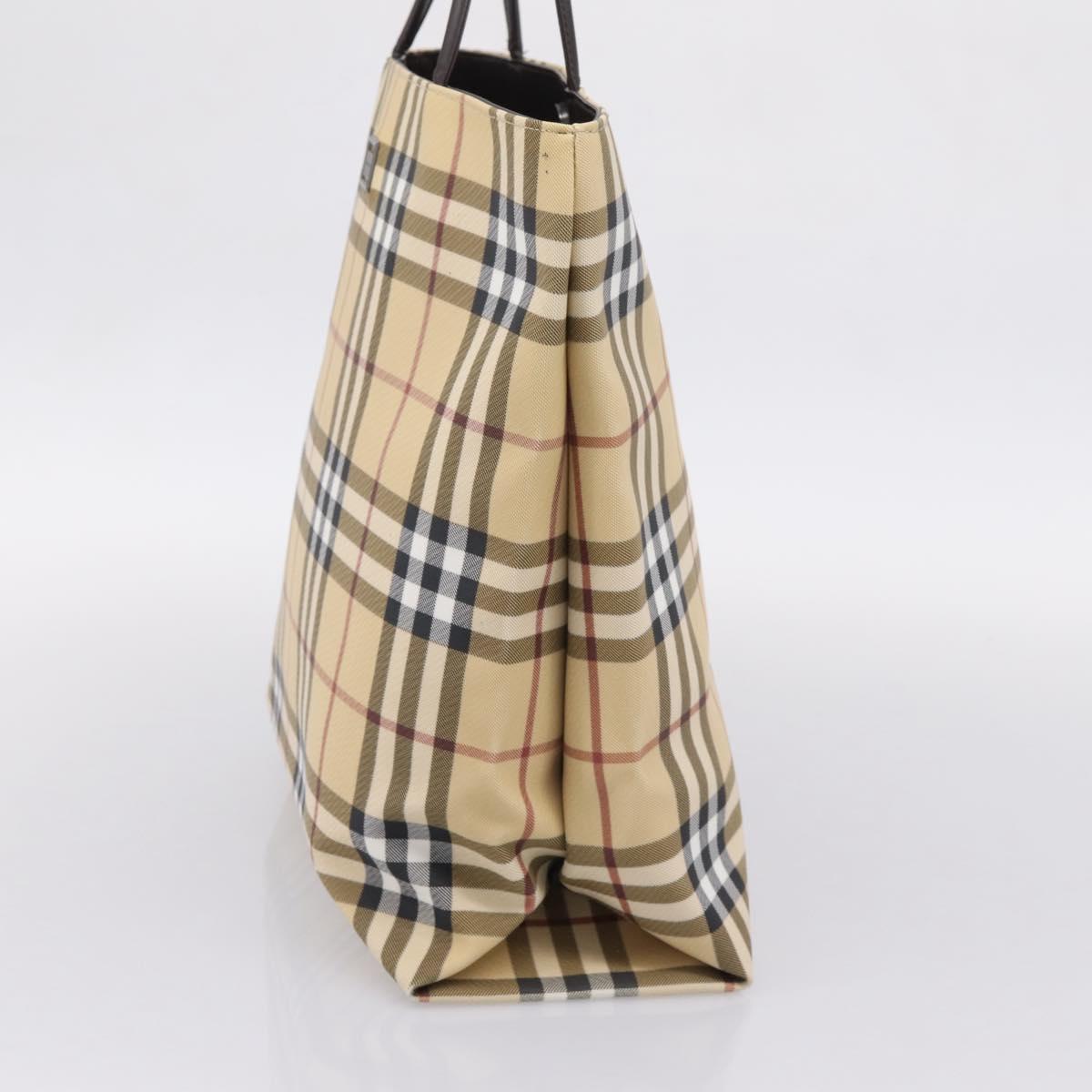 BURBERRY Nova Check Hand Bag PVC Leather Beige Silver Auth ka6453