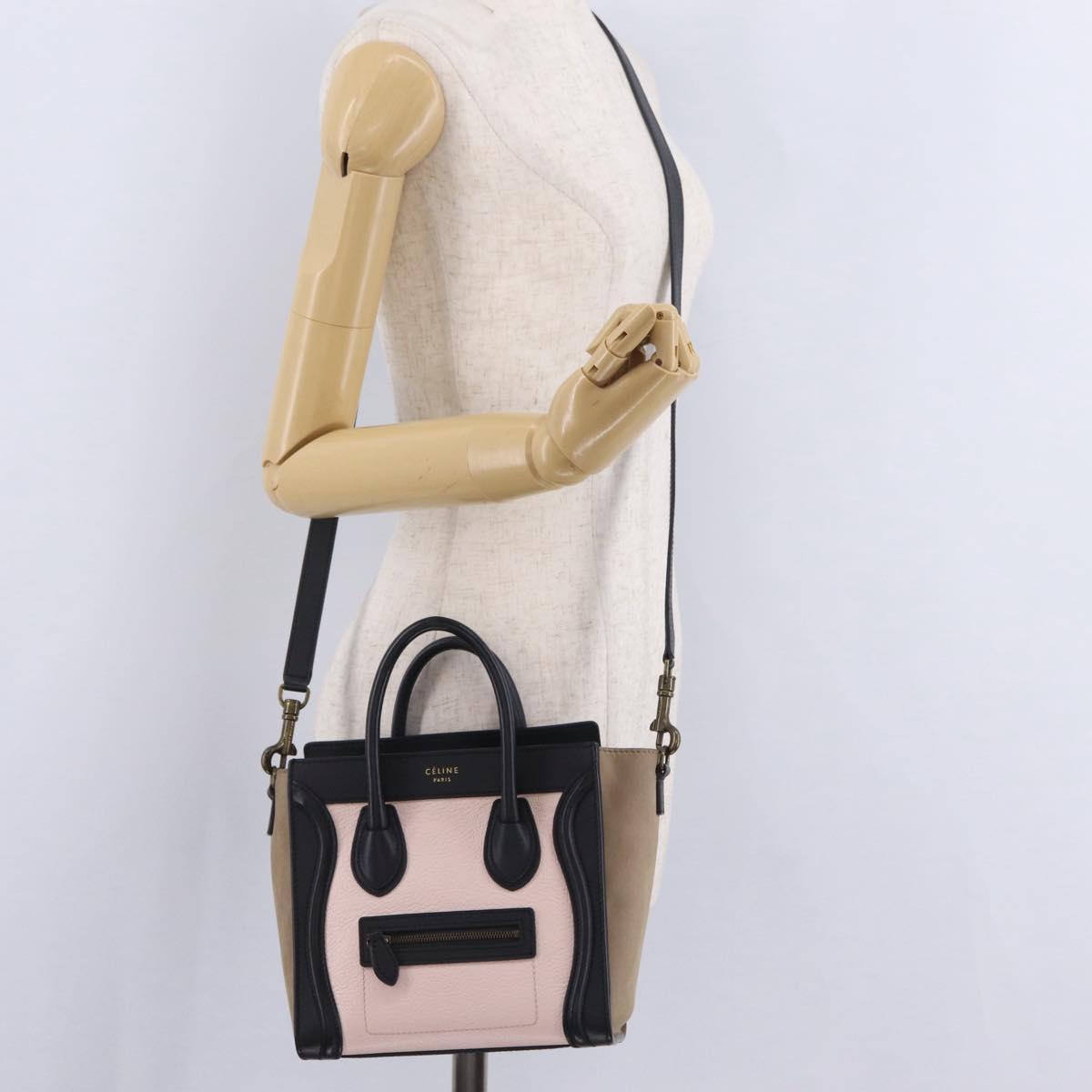 CELINE Luggage Nano Shopper Hand Bag Leather 2way Pink Gold Tone Auth ka6469V