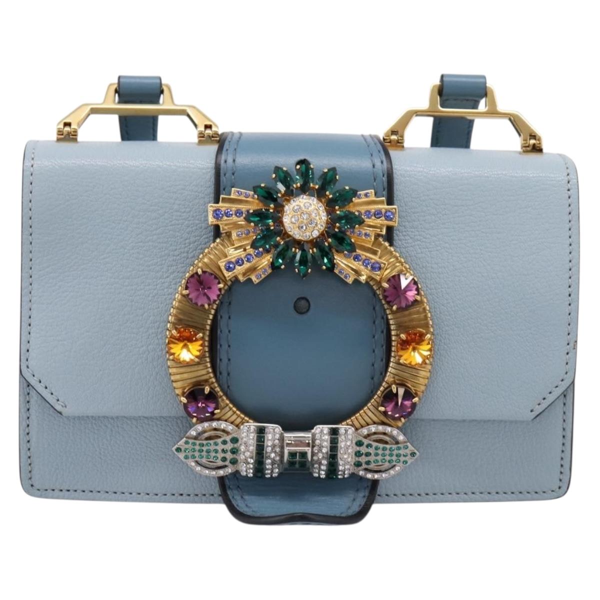 Miu Miu Madras Shoulder Bag Leather Light Blue Gold Tone Auth ka6472V