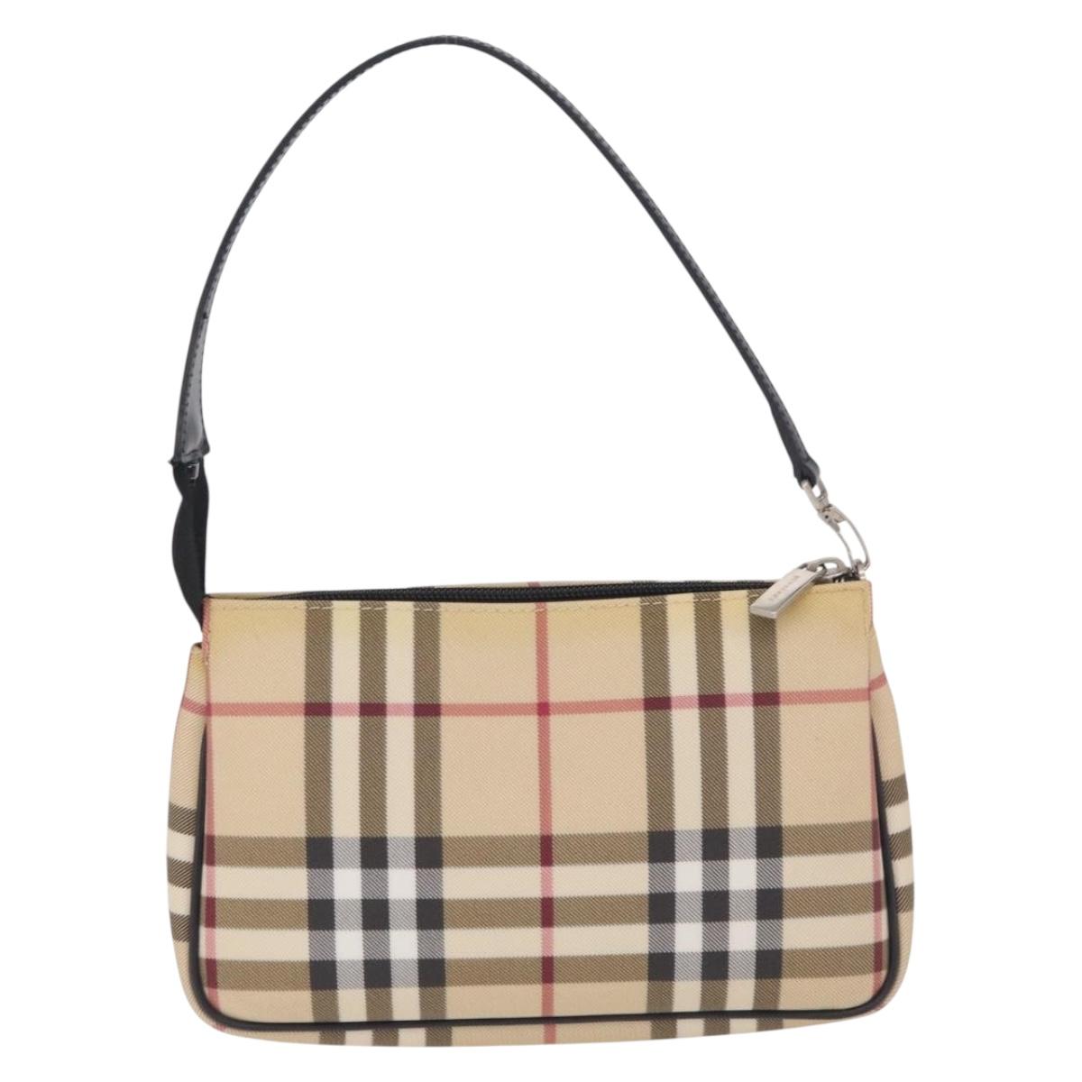BURBERRY Nova Check Hand Bag PVC Leather Beige Silver Auth ka6510A