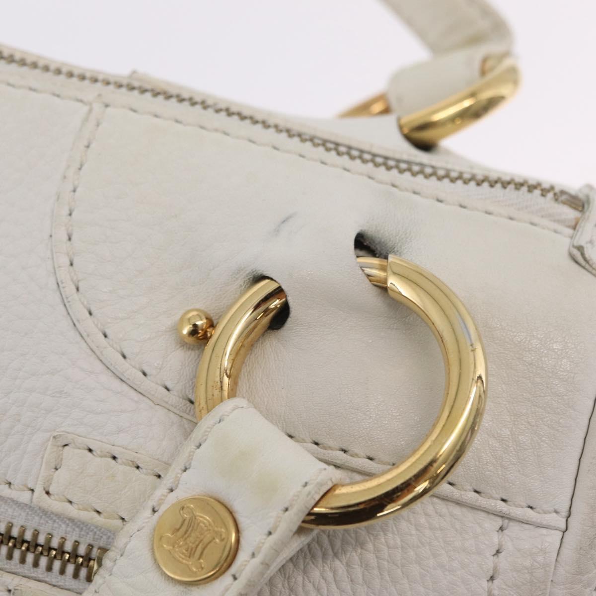 CELINE Hand Bag Leather White Gold Tone Auth ka6534A