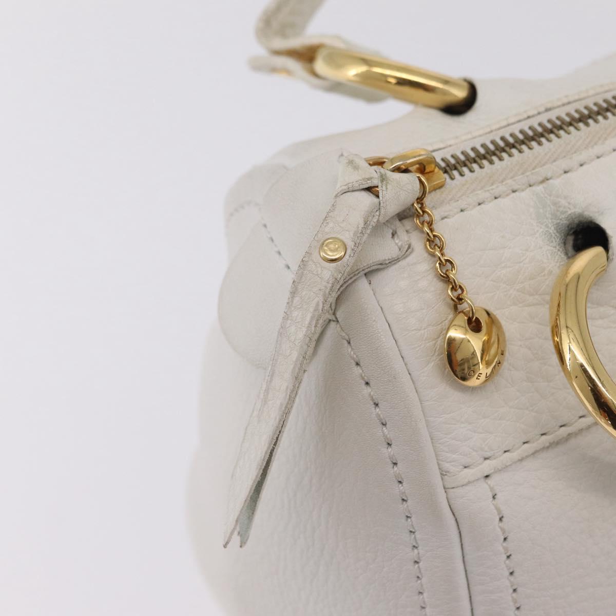 CELINE Hand Bag Leather White Gold Tone Auth ka6534A