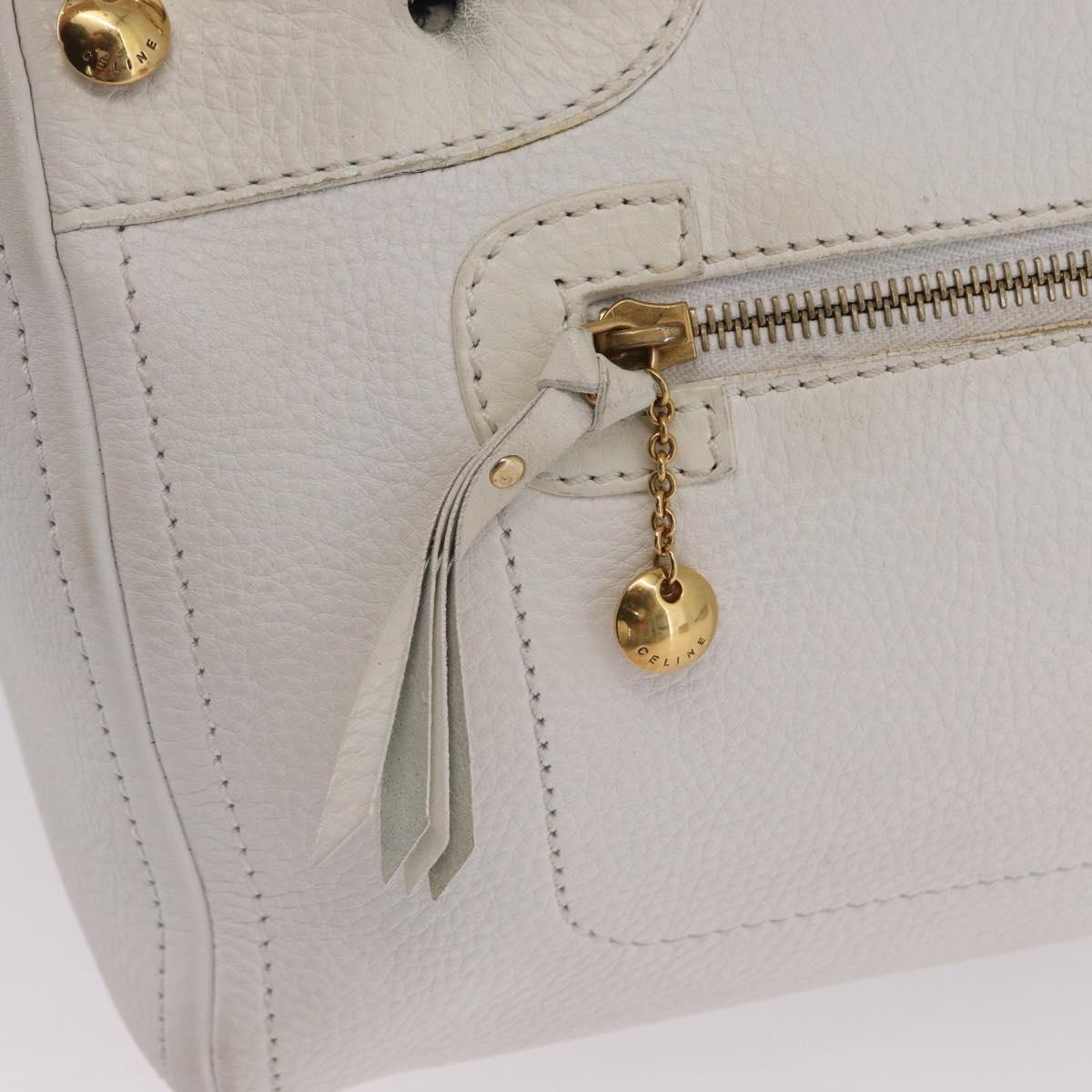 CELINE Hand Bag Leather White Gold Tone Auth ka6534A