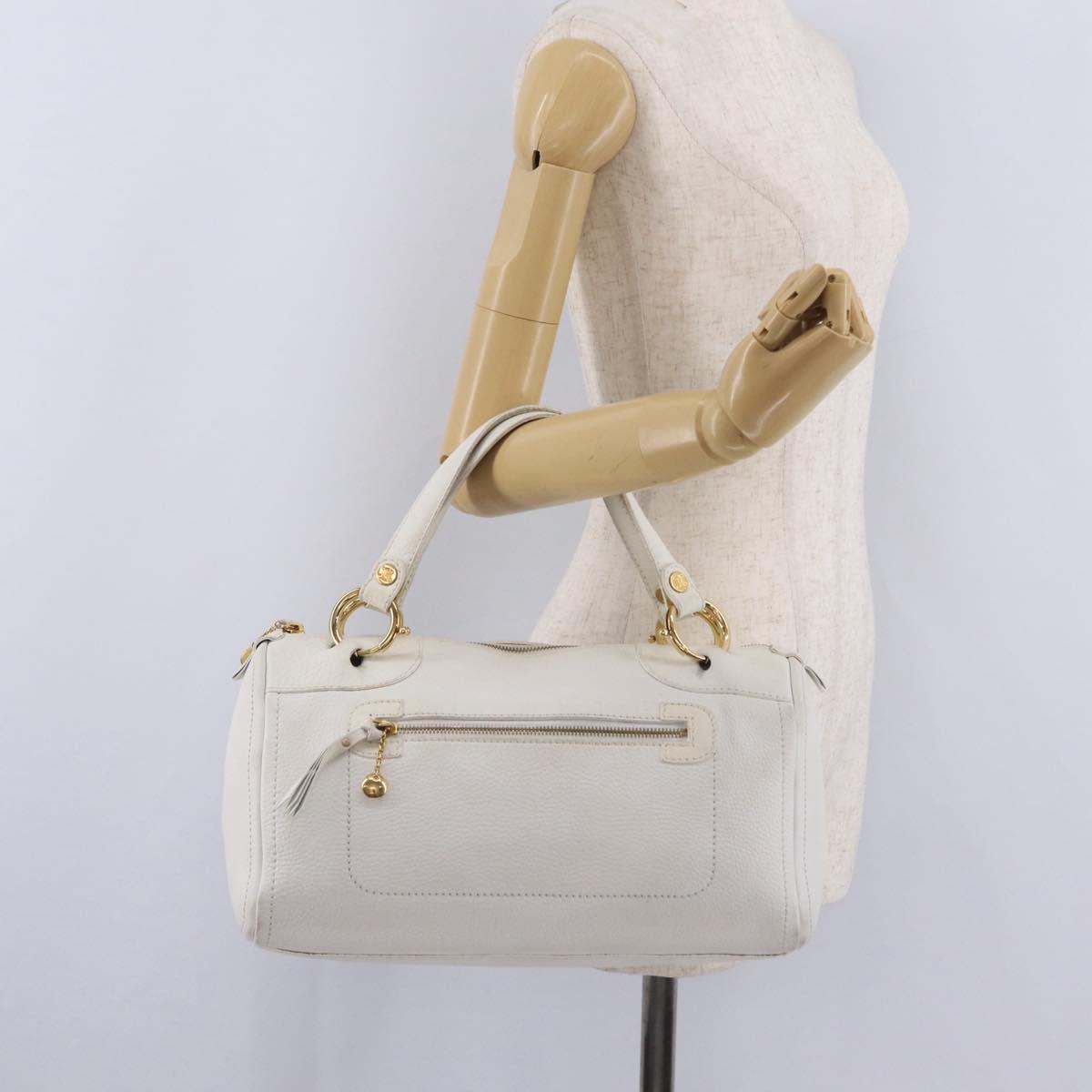 CELINE Hand Bag Leather White Gold Tone Auth ka6534A