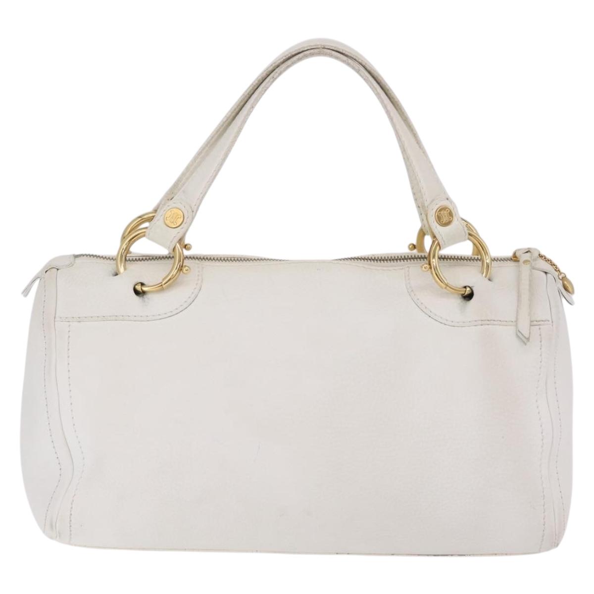 CELINE Hand Bag Leather White Gold Tone Auth ka6534A
