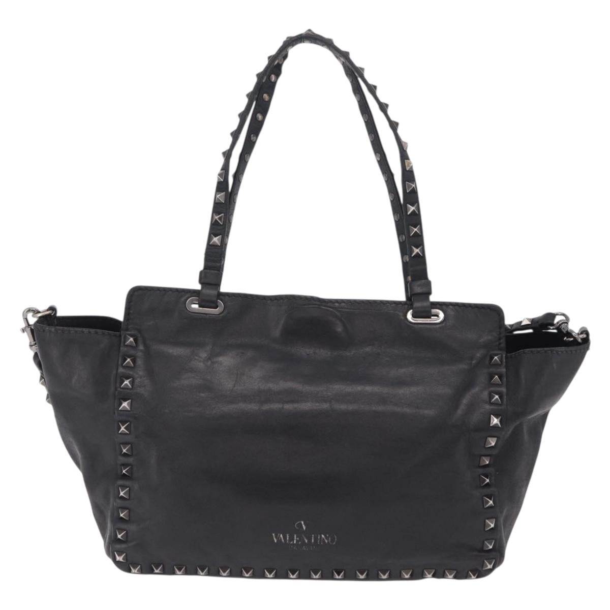 Valentino Studs Hand Bag Leather 2way Black Silver Auth ka6536