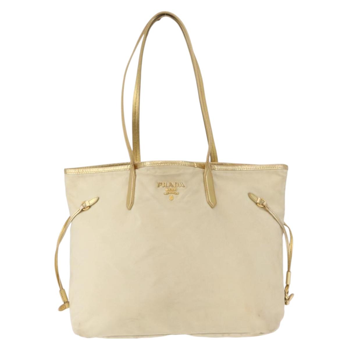 PRADA Tote Bag Nylon Beige Gold Auth ka656