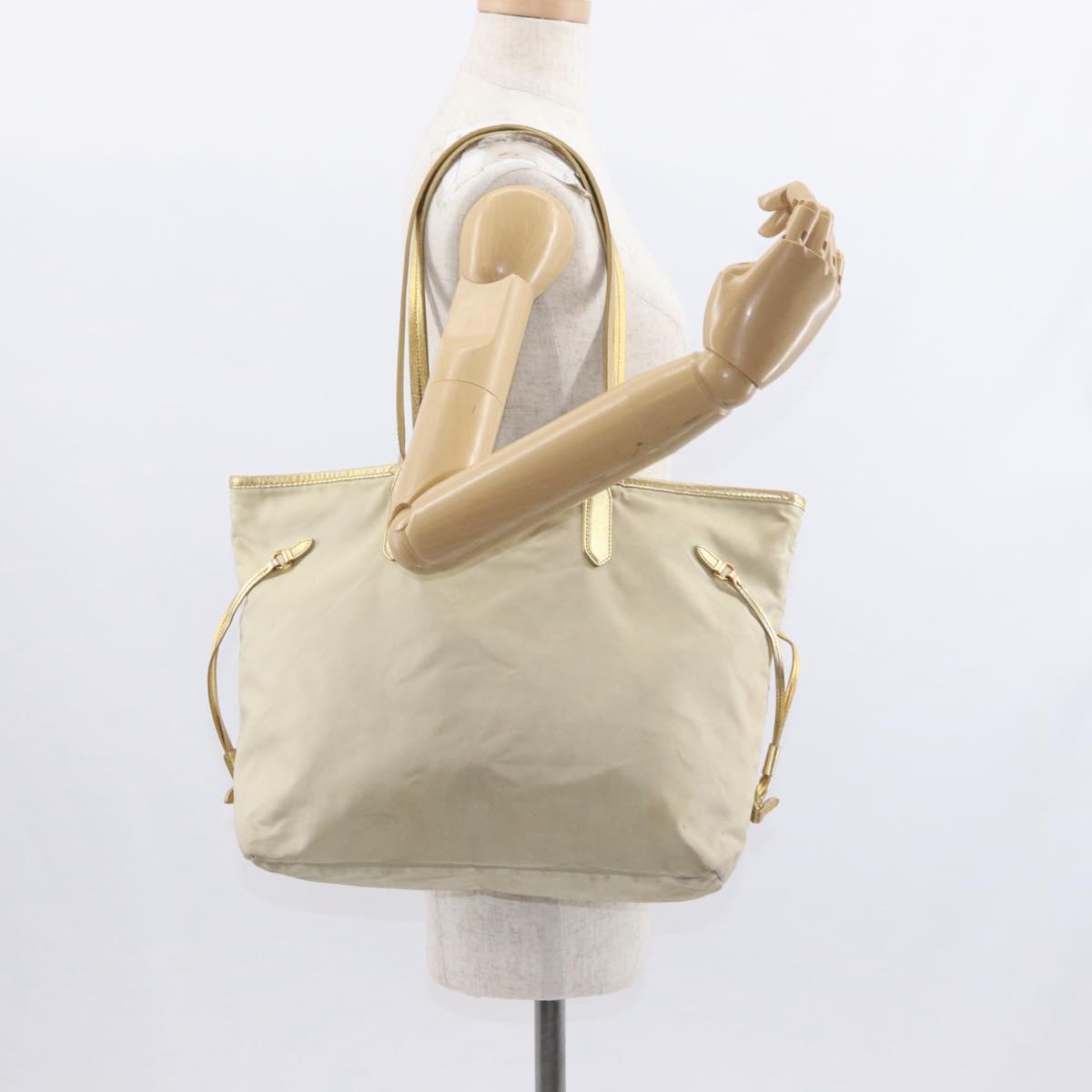 PRADA Tote Bag Nylon Beige Gold Auth ka656