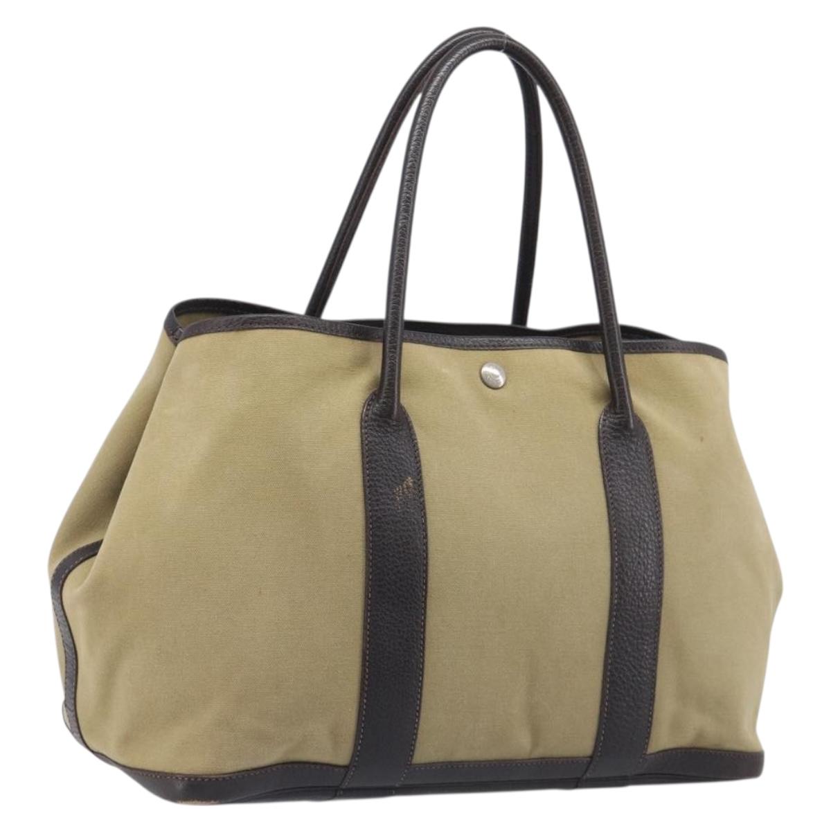HERMES Garden Party 36 Hand Bag Canvas Beige Silver Auth ka6561